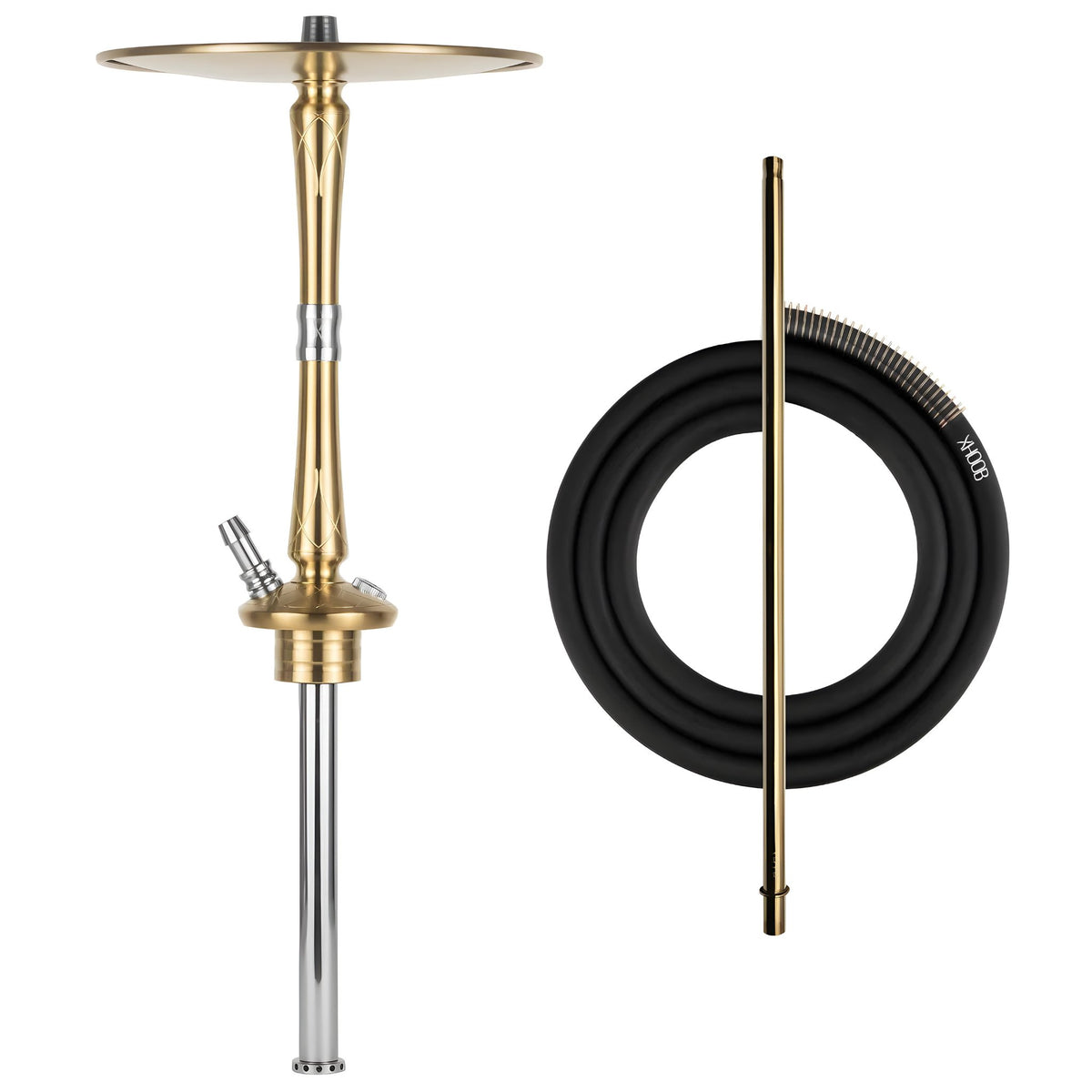 Hoob Go On Gold Hookah with gold stem, silicone hose, and accessories displayed
, image 5 of 8