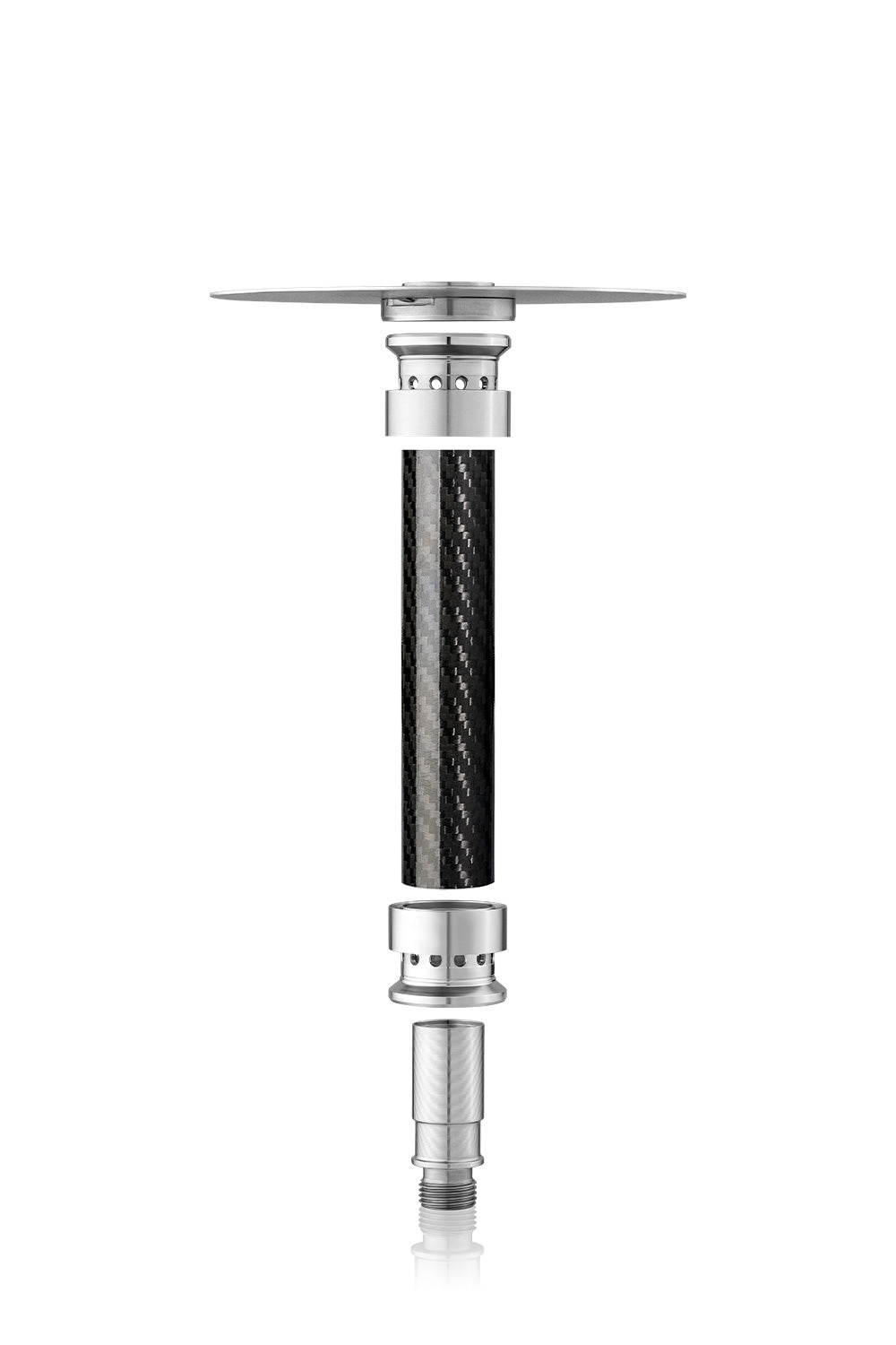 Steamulation X Blow Off Set for Pro X Mini, black carbon pattern sleeve between stainless steel adapters, exploded view