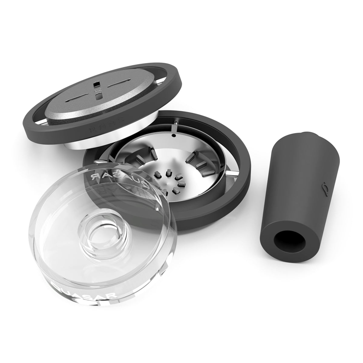 Disassembled view of Quasar Raas 2, displaying its components including glass bowl and silicone connector
, image 10 of 17