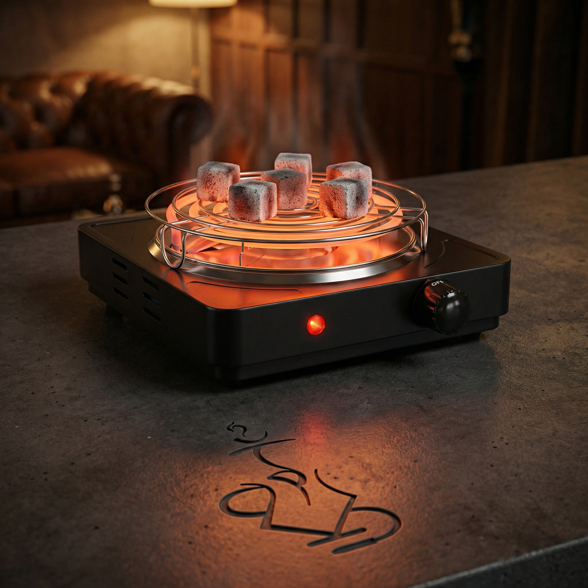 The 320 electric charcoal burner glowing red-orange on a dark concrete prep counter in a warm lounge, with coconut charcoal cubes greying as they ignite, available at Melbourne's premium shisha store., image 6 of 12