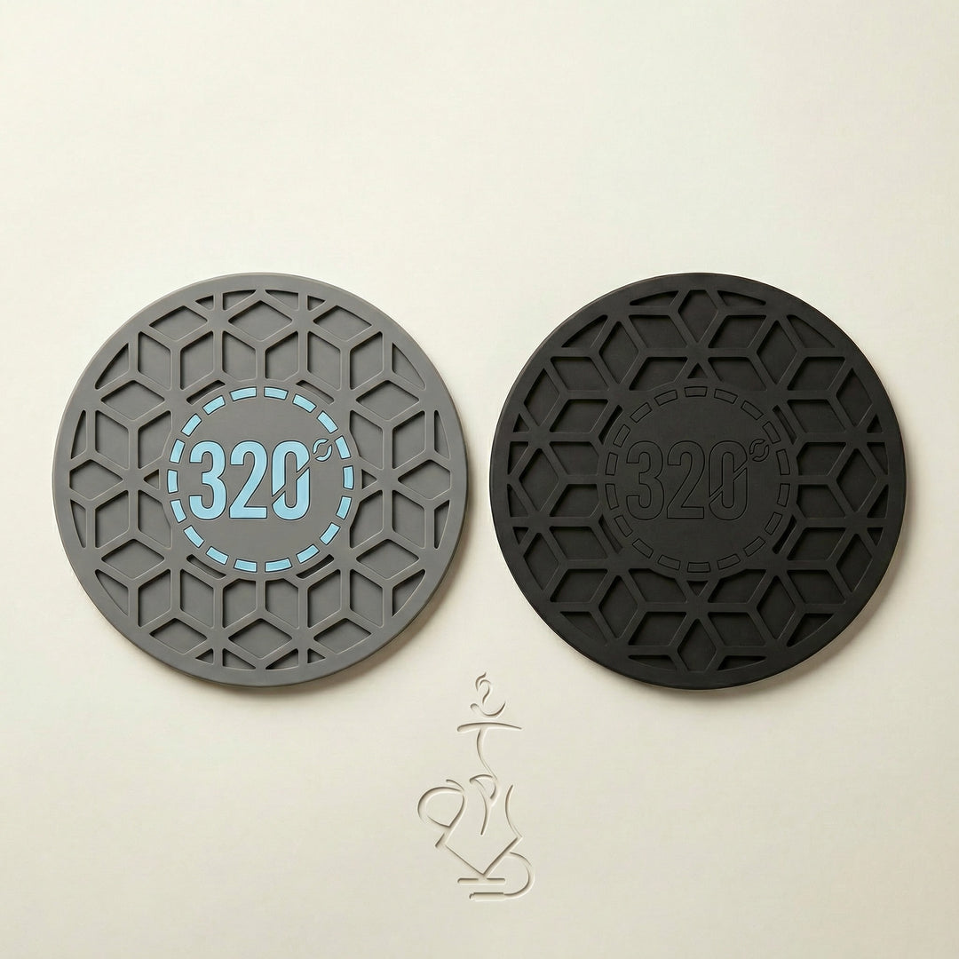 320° Hookah Base Mat shown in both Black & Blue and Black & Black colourways side by side, displaying the bespoke cube-pattern silicone surface and 230mm non-slip grip design available Melbourne.