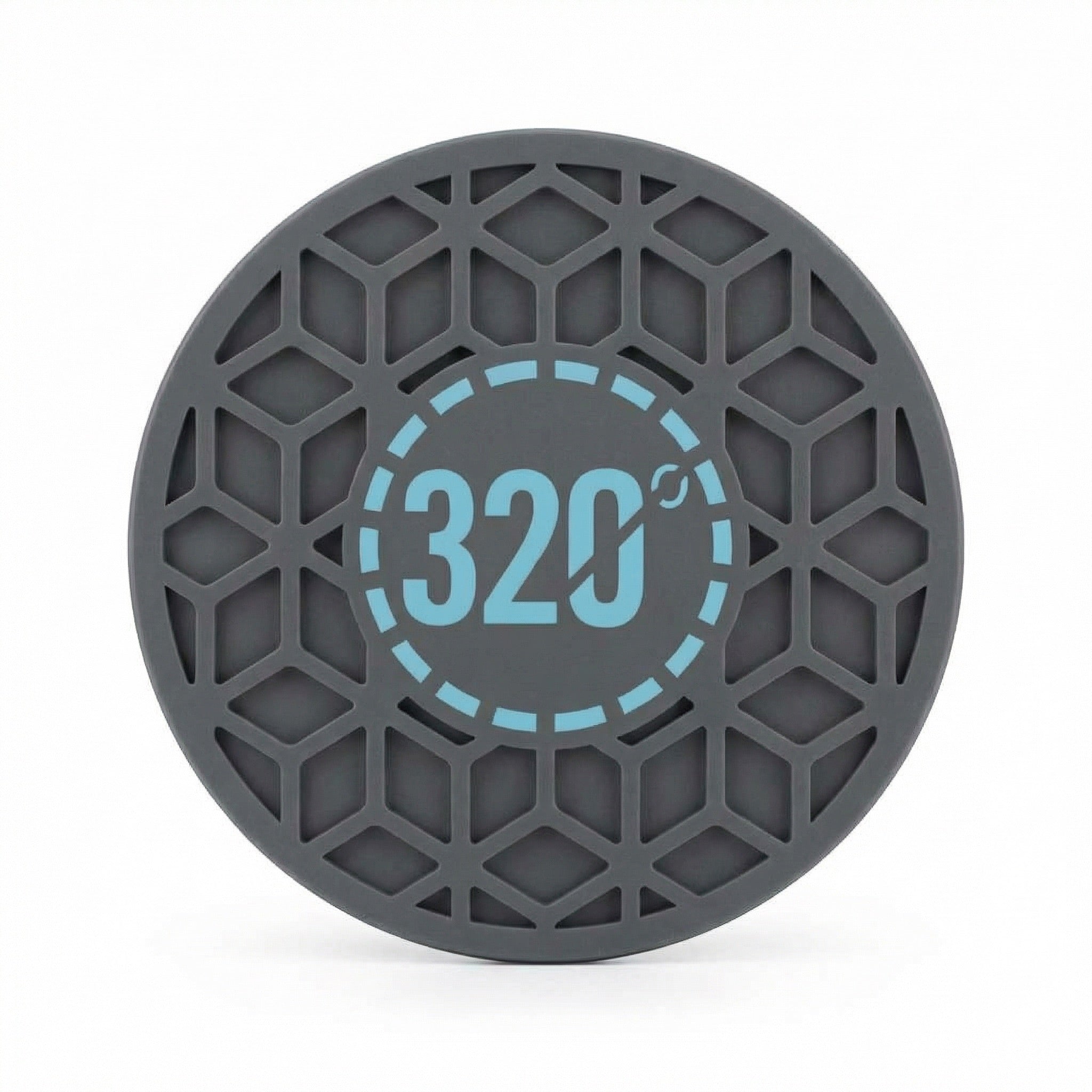 320° Hookah Base Mat Black & Blue isolated on pure white, showing the complete circular silhouette, cube-pattern top face, and light blue 320° central medallion.