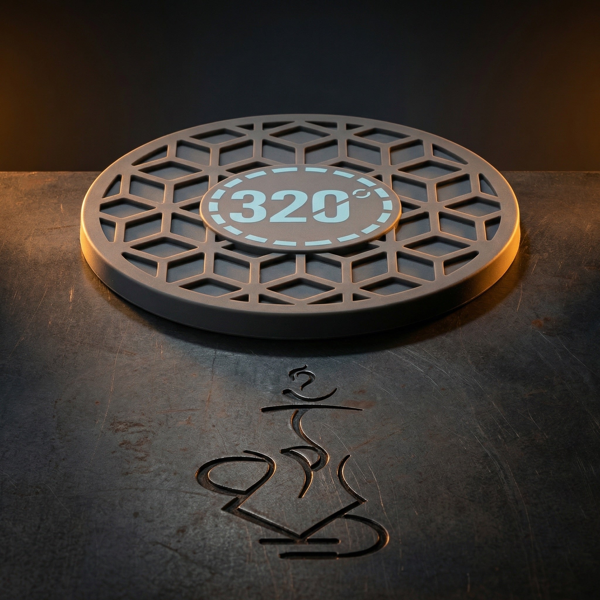 320° Hookah Base Mat Black & Blue resting on a dark forged steel surface under warm editorial lighting, emphasising the cube-pattern grip face and blue medallion.