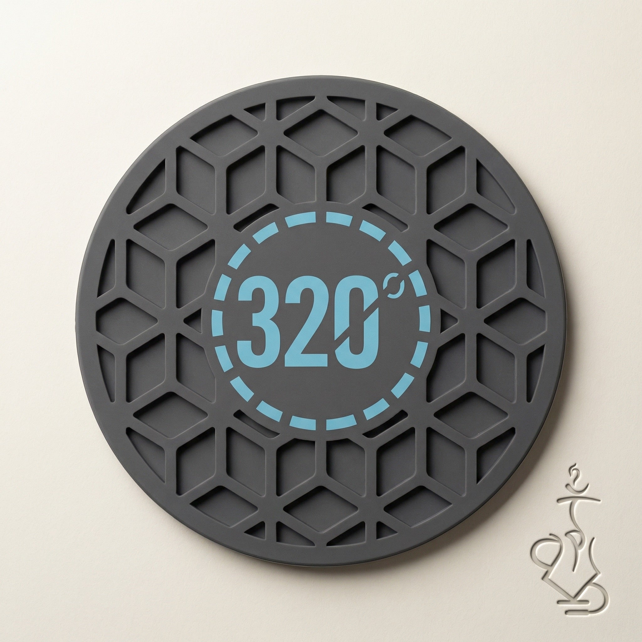 320° Hookah Base Mat Black & Blue shown flat in a warm white studio, displaying the full circular silhouette, cube-pattern surface, and central light blue 320° medallion.