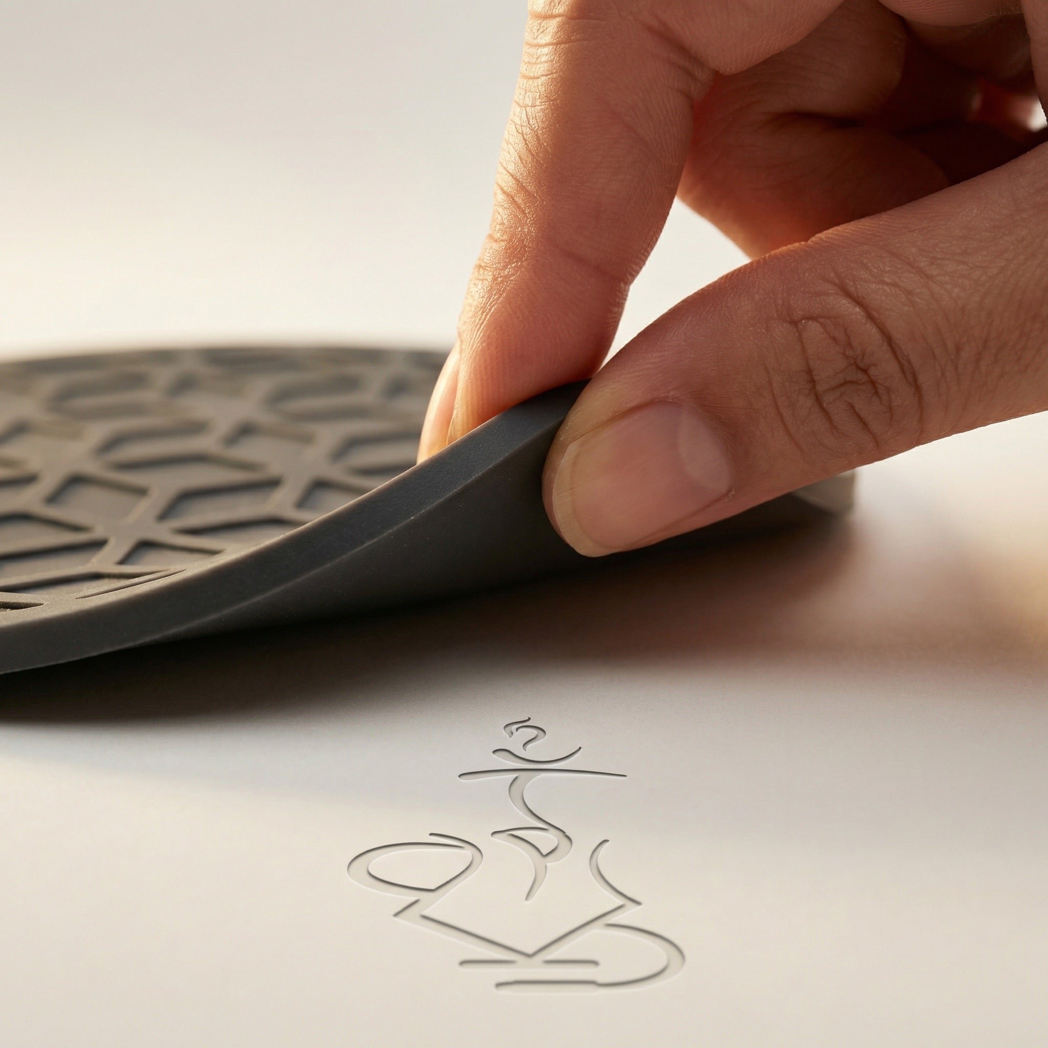 Close-up of the 320° Hookah Base Mat being lifted and bent gently between thumb and forefinger, showing the thin flexible silicone edge profile and soft matte finish.
