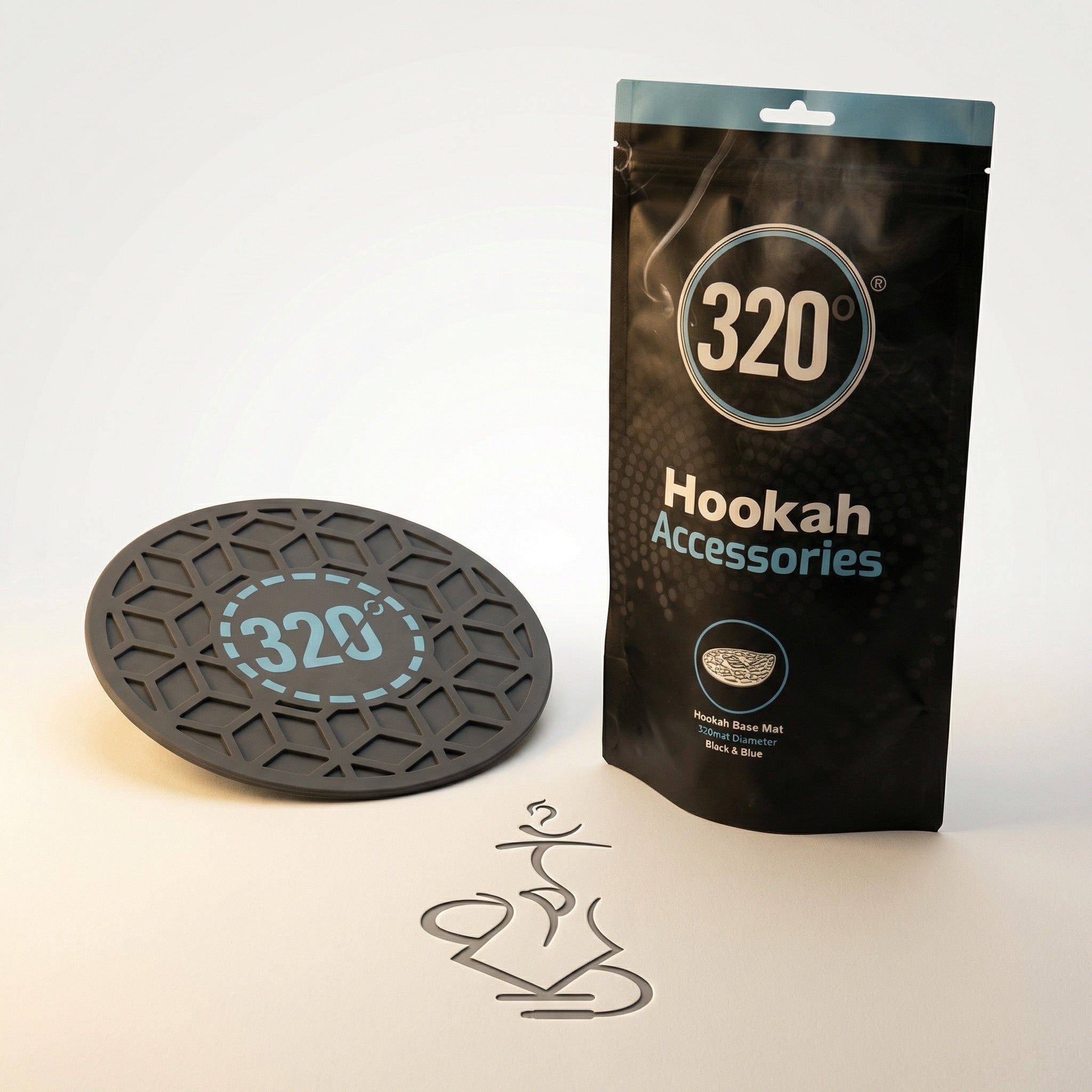 320° Hookah Base Mat Black & Blue shown beside its branded matte black retail pouch packaging, ready for shipping from Melbourne's premium shisha store.