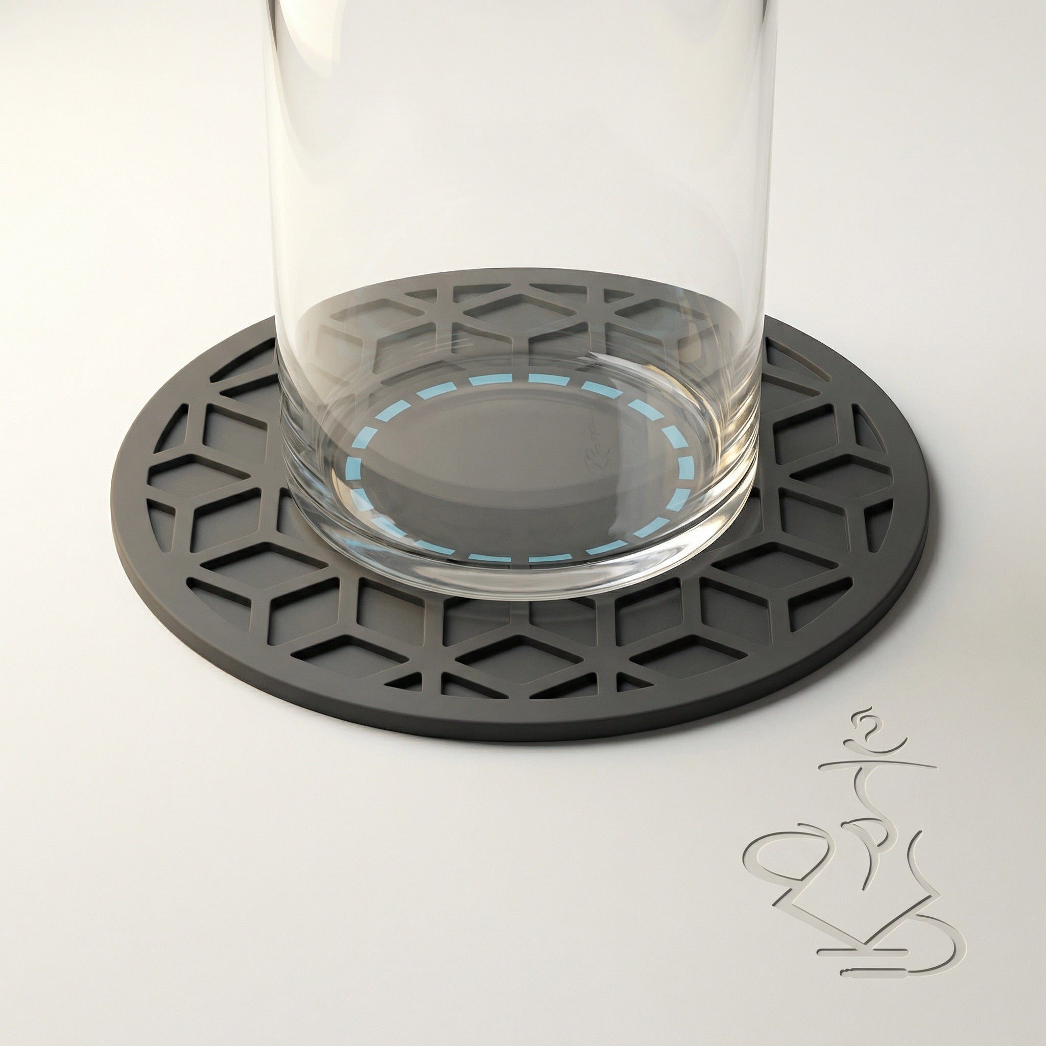 320° Hookah Base Mat sitting beneath a clear glass hookah base, demonstrating the 230mm diameter fits comfortably with room to spare around the base rim.