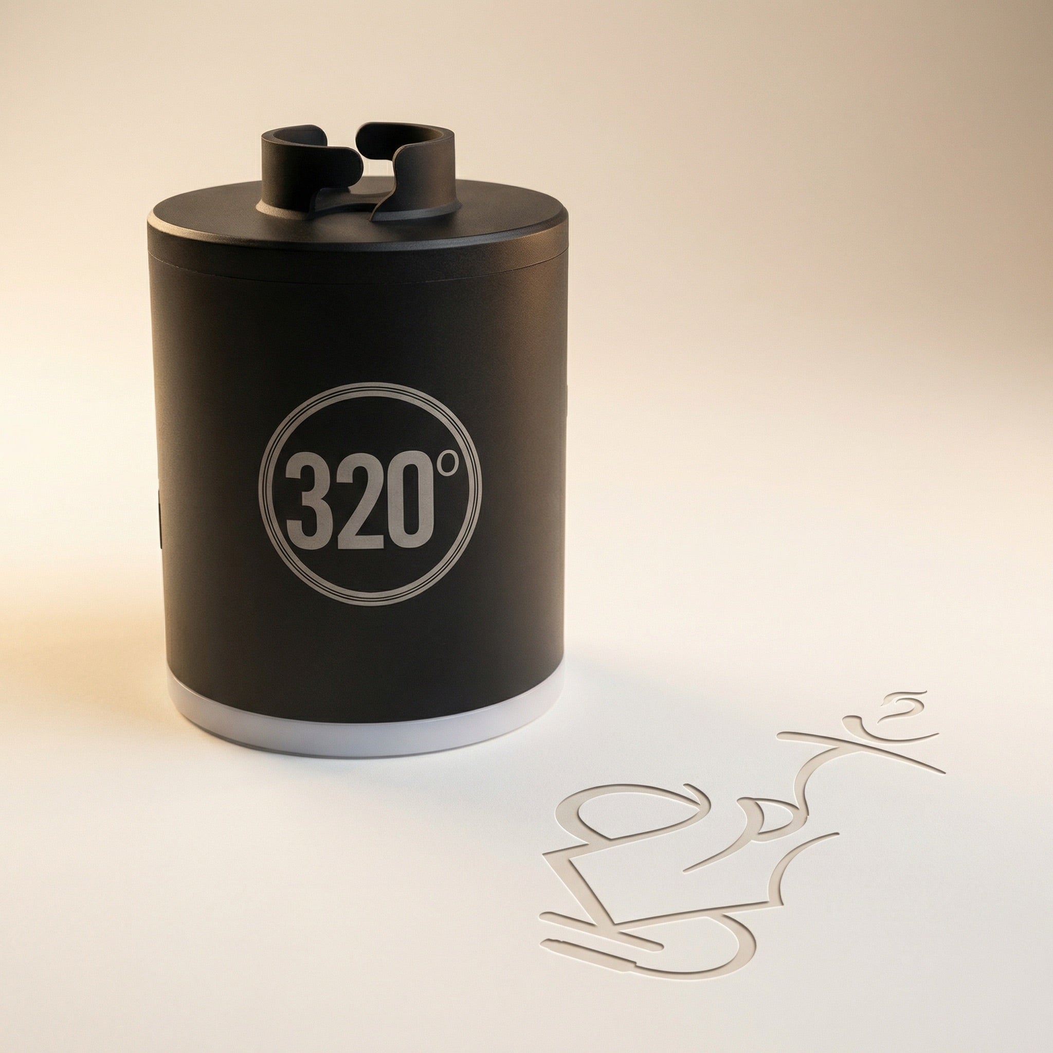 320° LED electric shisha starter pump in matte black with light grey circular badge and white translucent LED ring base, photographed in a warm white studio — available at Melbourne's premium shisha store.