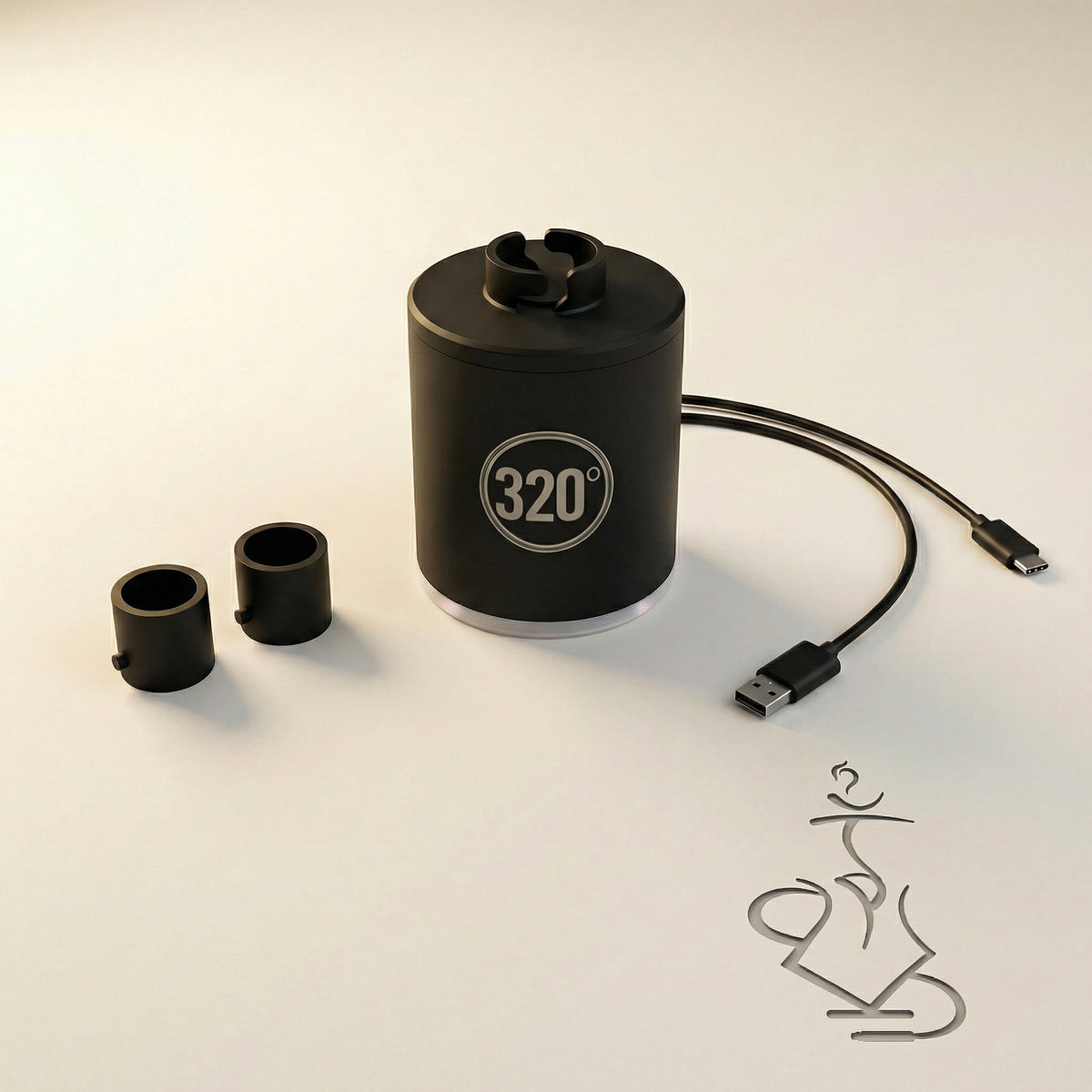 The full 320° LED electric coal starter pump kit laid out showing the matte black pump, two silicone nozzle adapters and USB-C charging cable — everything included in the box., image 4 of 12