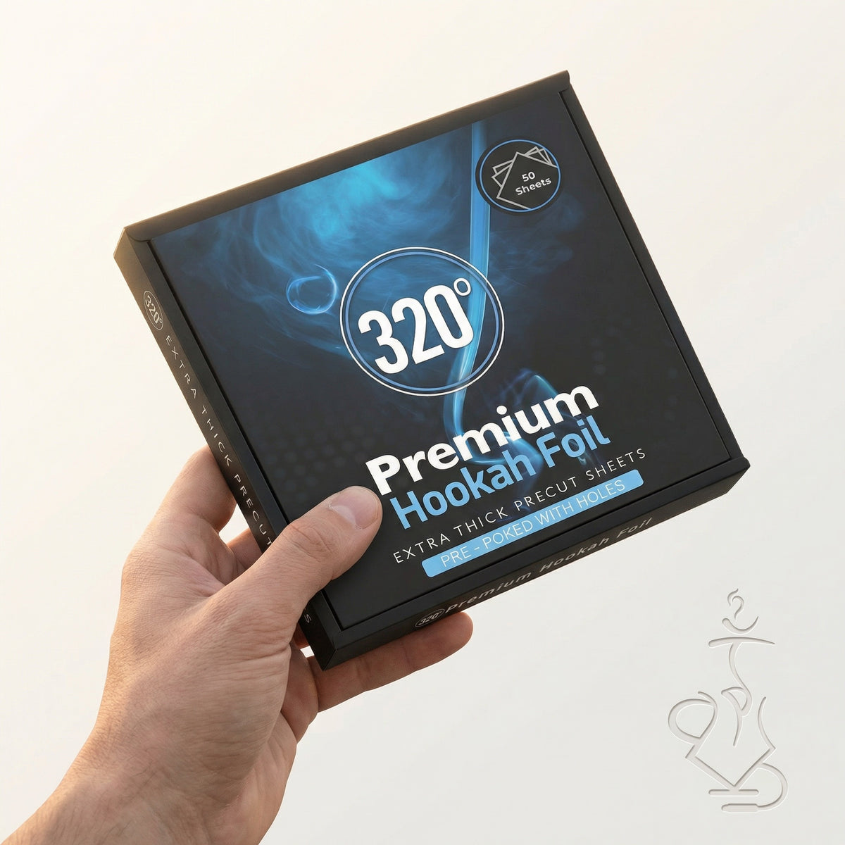 320° Premium Hookah Foil 50-pack box held in hand to show the slim 150 mm square size of the pre-poked shisha foil packaging., image 3 of 16