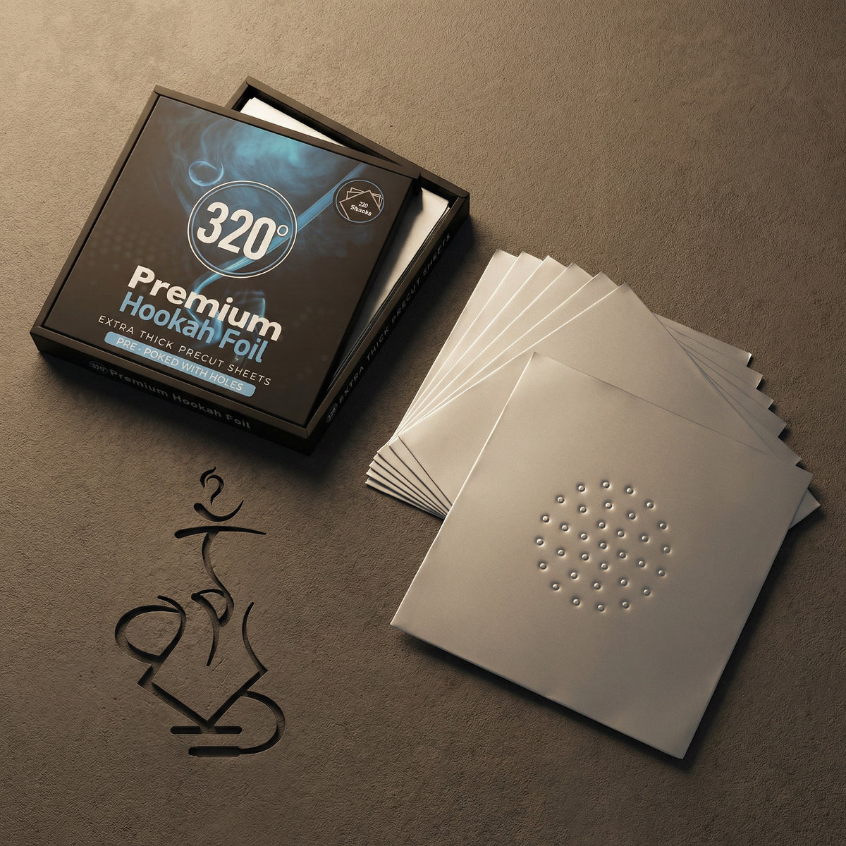 320° Premium Hookah Foil 50-pack shown open with the matte black lid set behind, revealing the stack of pre-cut pre-poked shisha foil sheets inside., image 5 of 16