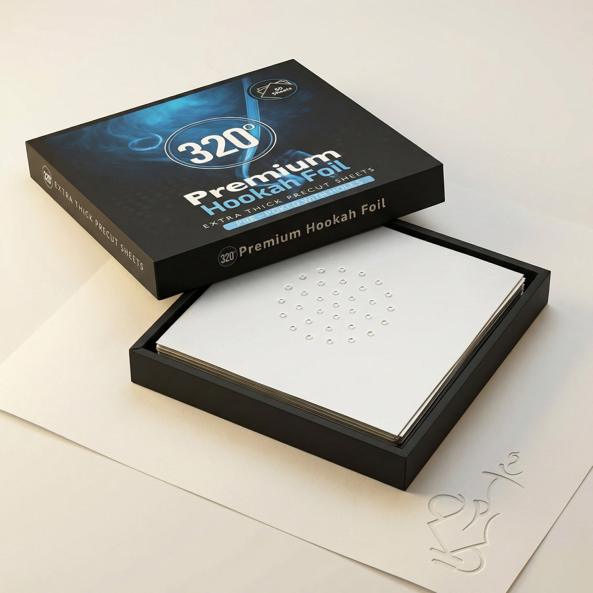 320° Premium Hookah Foil 50-pack box isolated on white, showing the full matte black packaging with extra thick precut pre-poked sheets branding, available to buy online., image 9 of 16