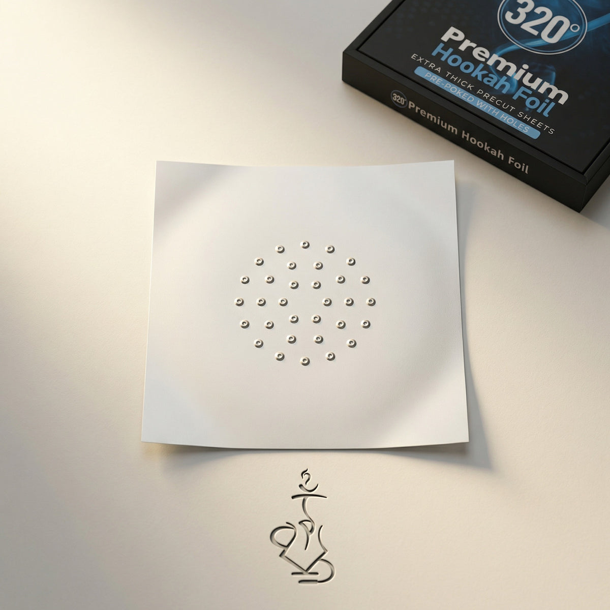 320° Premium Hookah Foil open box alongside a fanned stack of pre-poked shisha foil sheets on a warm dark concrete prep surface, editorial magazine-spread style., image 7 of 16
