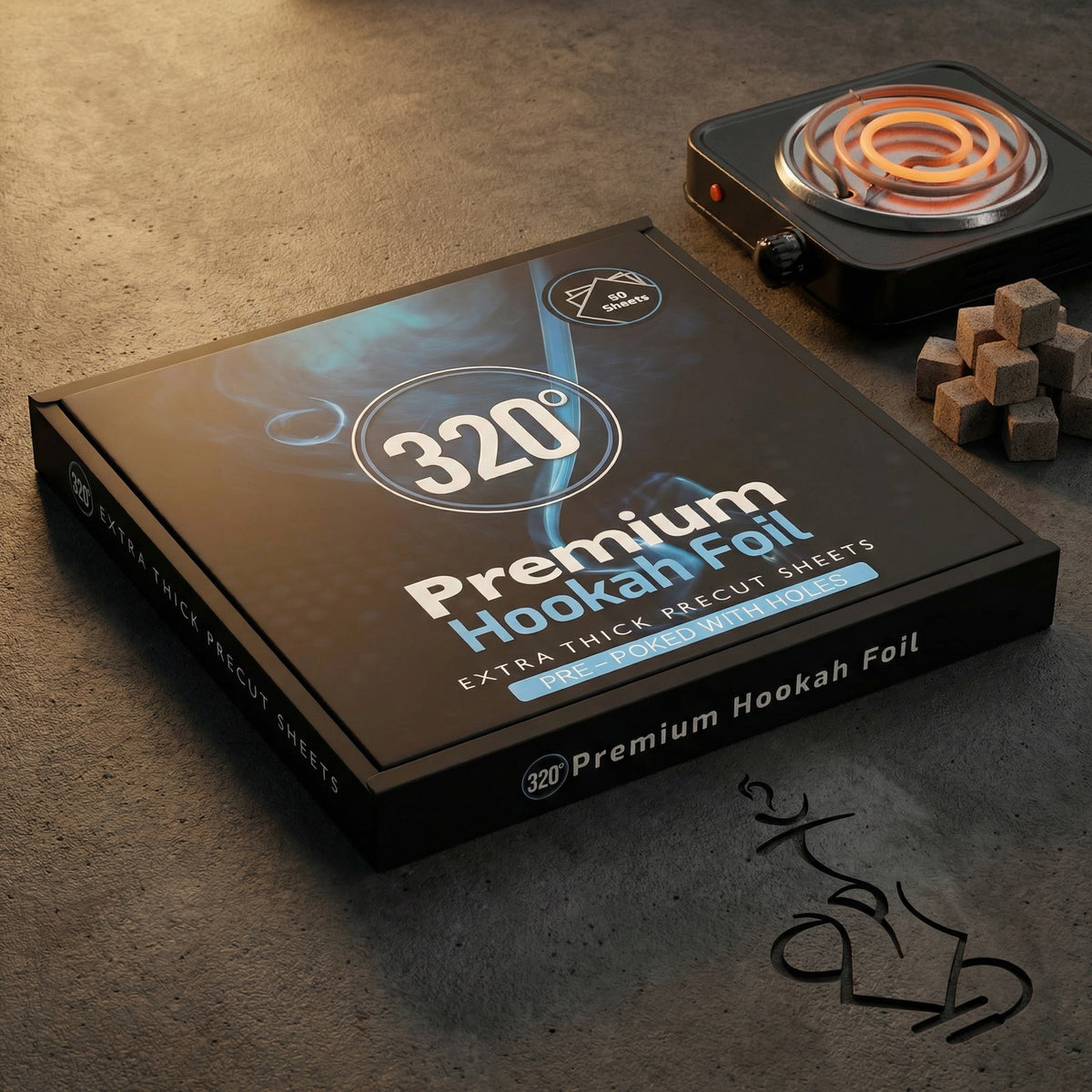 320° Premium Hookah Foil box on a dark concrete prep surface beside a glowing electric coal burner and natural coconut shisha coals, ready for a session., image 8 of 16