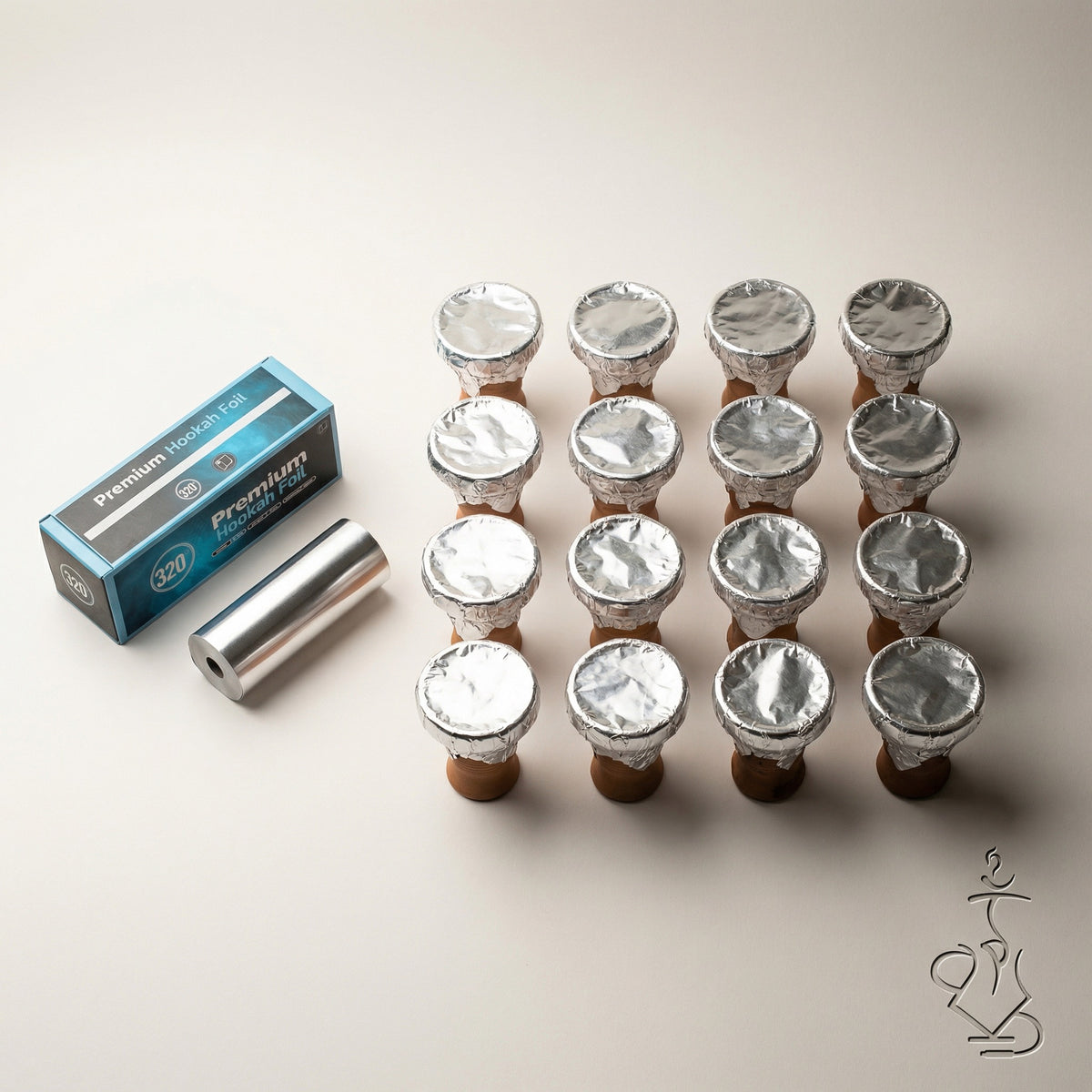 320° Shisha Foil 25m roll and dispenser box shown alongside a grid of foil-wrapped hookah bowls, illustrating the value and coverage of a single 25 metre roll., image 8 of 13