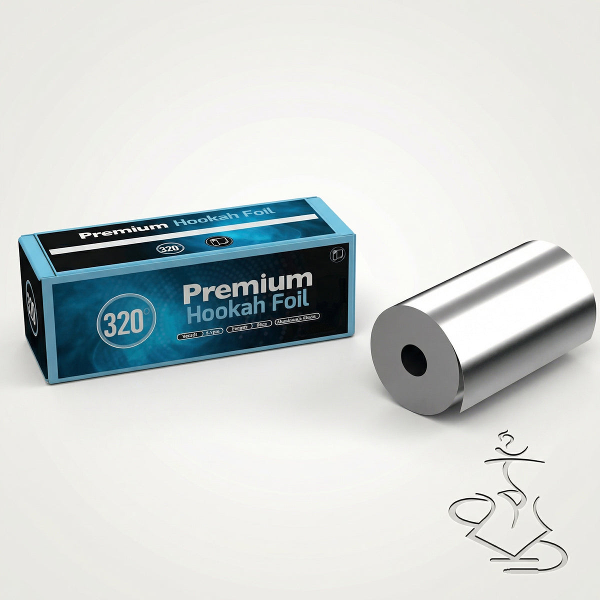 320° Heavy-Duty Shisha Foil 25m roll and dispenser box, premium 40-micron aluminium hookah foil shown side by side on a warm white studio background., image 3 of 13