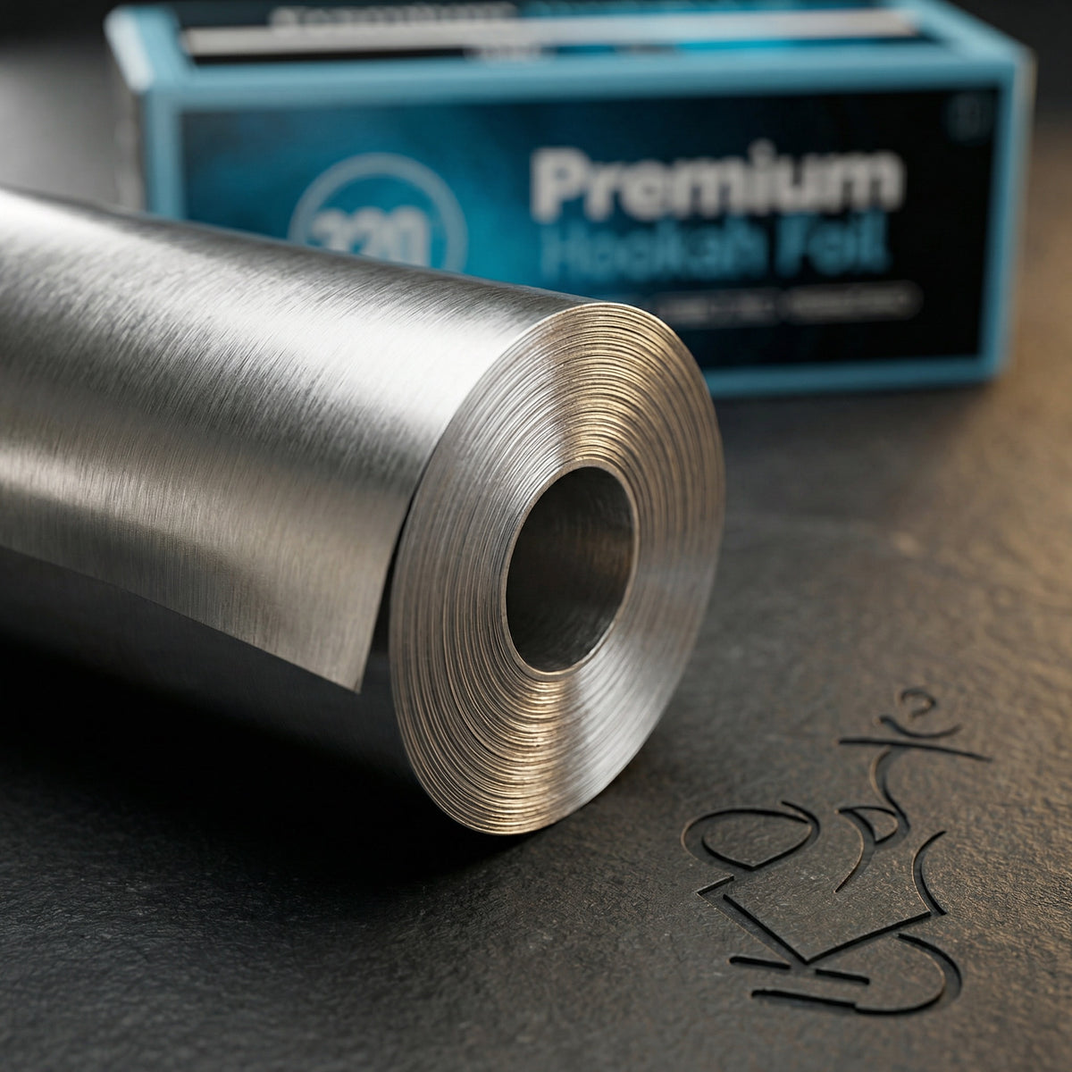 Macro detail of 320° Shisha Foil showing the 40-micron heavy-gauge aluminium edge and brushed silver surface, with the cyan dispenser box softly defocused behind., image 7 of 13