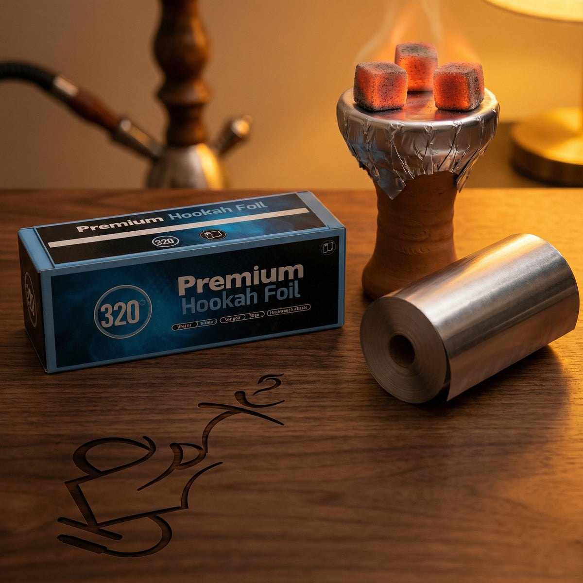 320° Shisha Foil 40-micron aluminium shown holding three lit coconut charcoal cubes on a packed hookah bowl, proving its heat resistance and tear strength., image 2 of 13