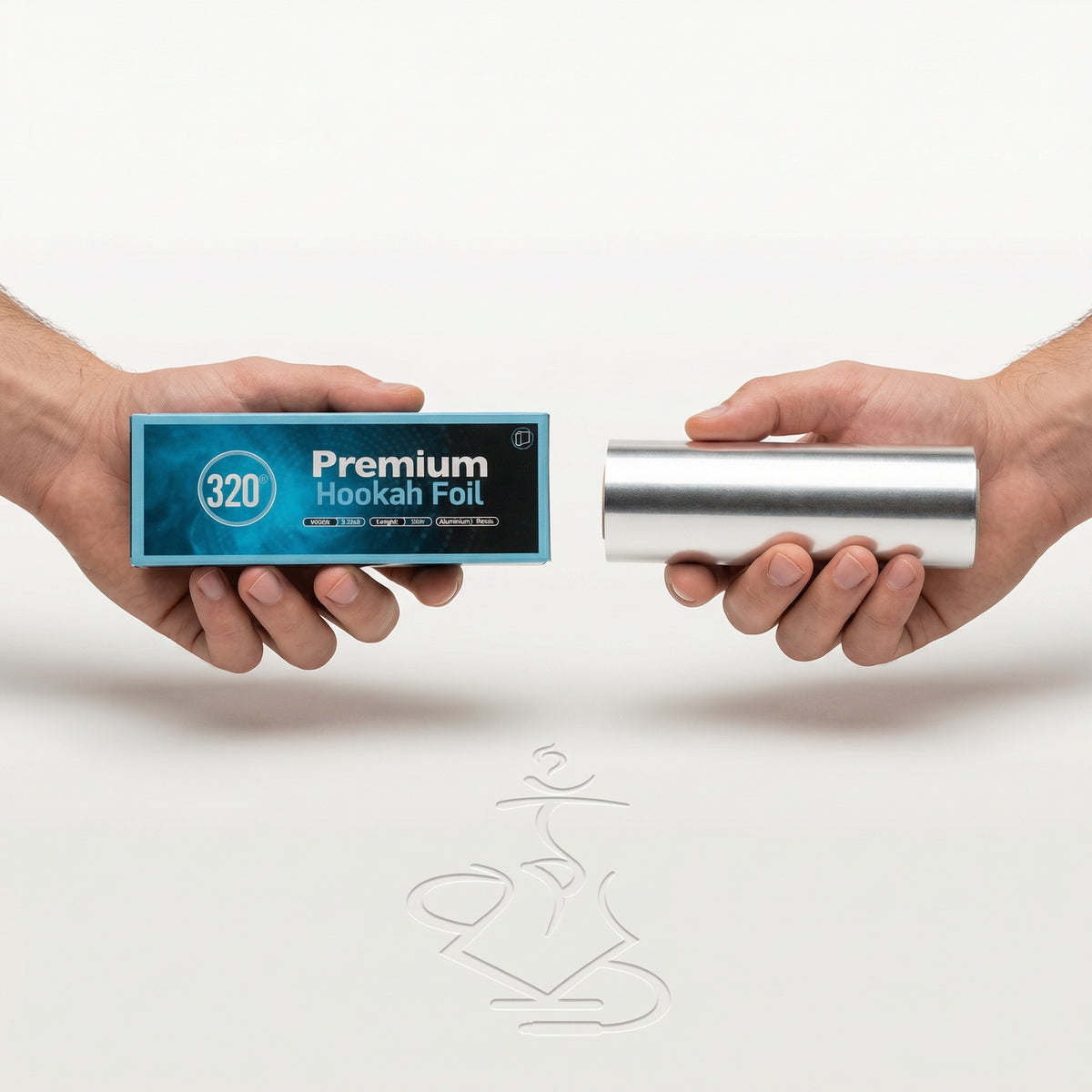 320° Shisha Foil dispenser box and 25m roll held in hand for scale, showing the real-world size of the 180mm wide aluminium hookah foil., image 4 of 13