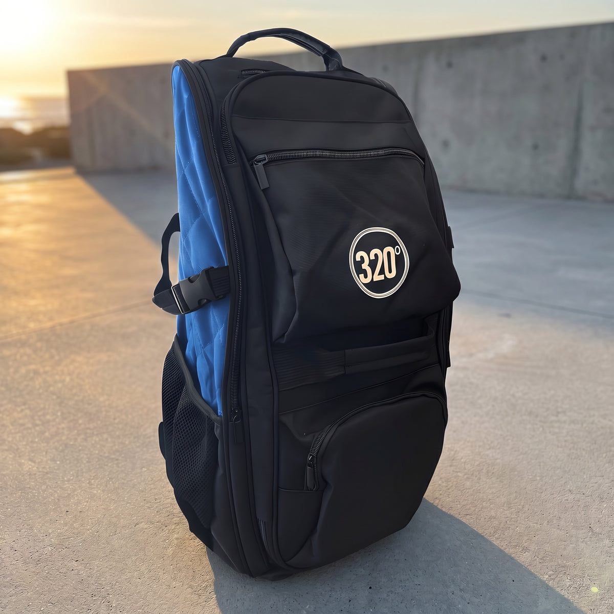 320° Shisha Travel Backpack on a concrete deck at golden hour, ready for travel, image 2 of 16