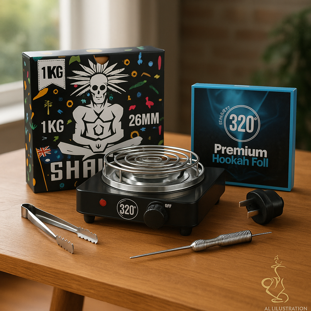 Complete Shisha Prep Kit — 320 Burner, 1 kg Coals, 320 Foils, Poker