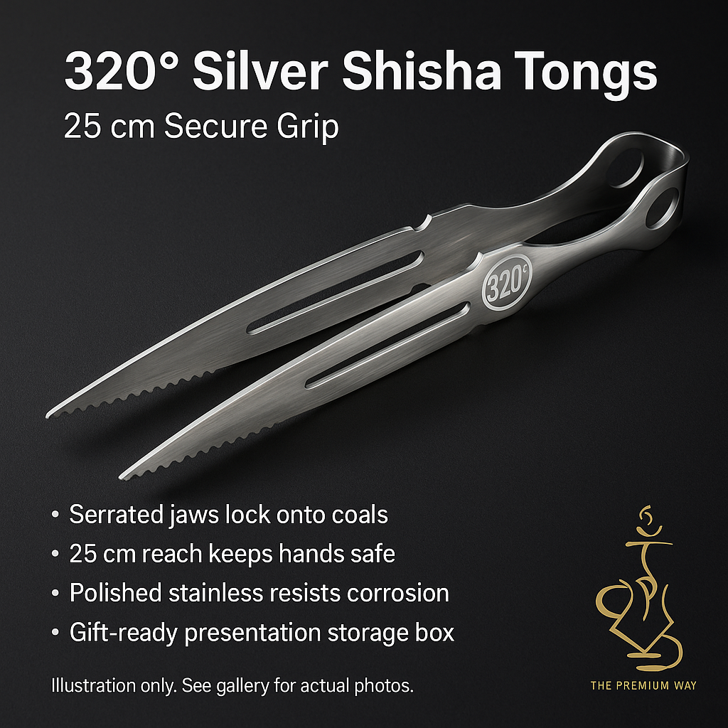 320° Shisha Tongs — 25 cm stainless grip for safer coal moves