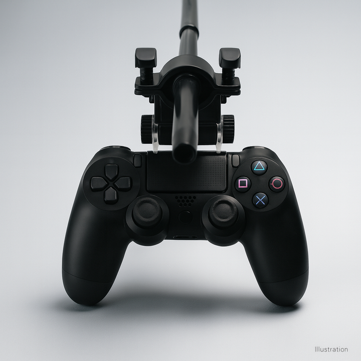 DOBE PS4 controller shisha hose holder, a black hose ring on a clear bracket clipped to the top of a black PS4 controller