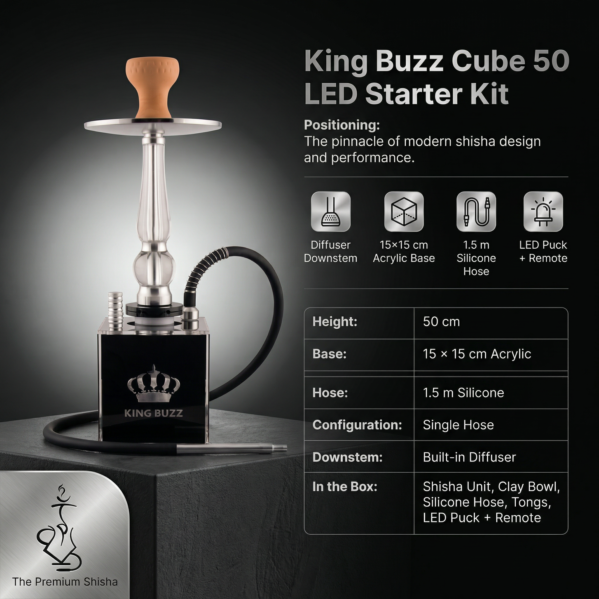 King Buzz 50cm Cube Shisha with Diffuser & LED Light