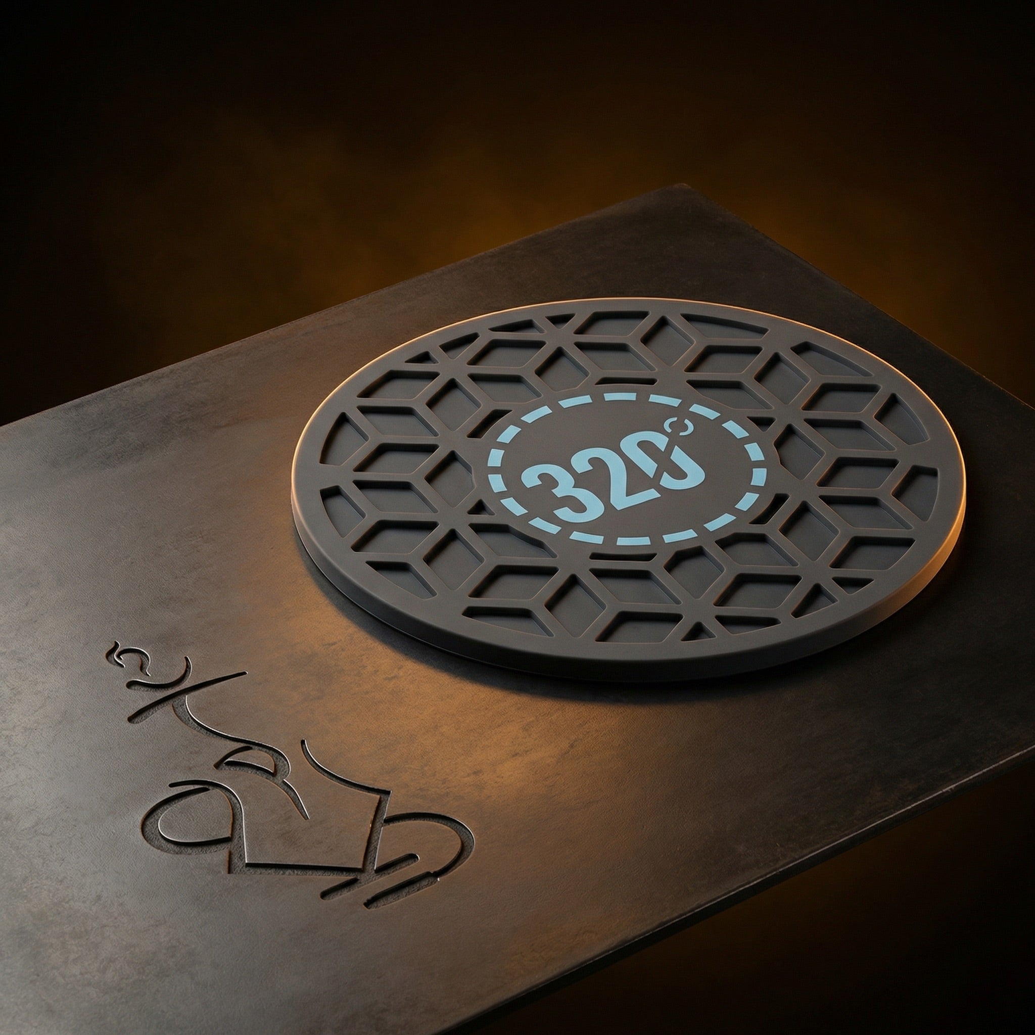 320° Hookah Base Mat in Black & Blue photographed in a warm dark editorial studio, showcasing the light blue 320° medallion and recessed cube-lattice silicone top face.
