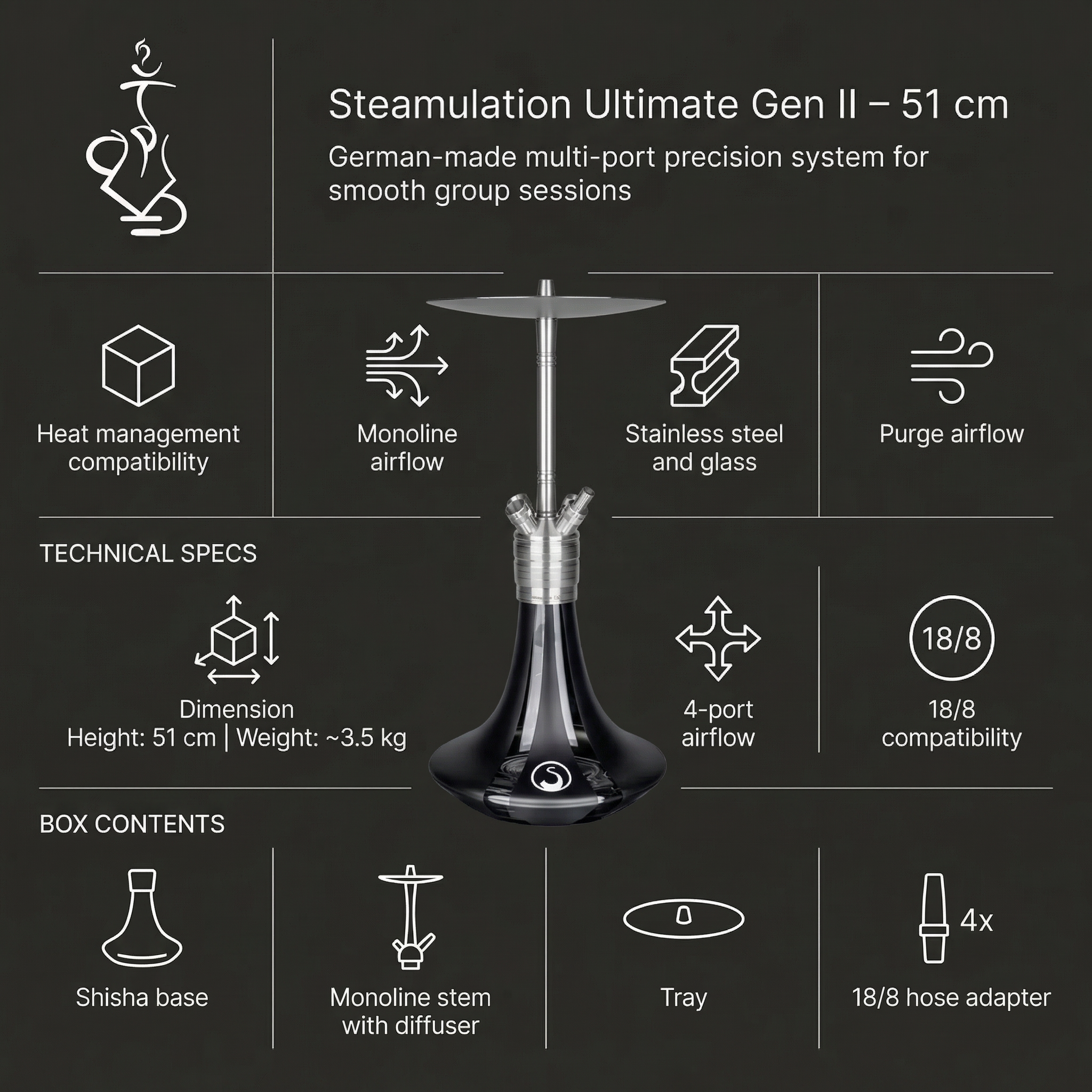 Steamulation Ultimate Gen II Hookah – Multi-Port, 51 cm