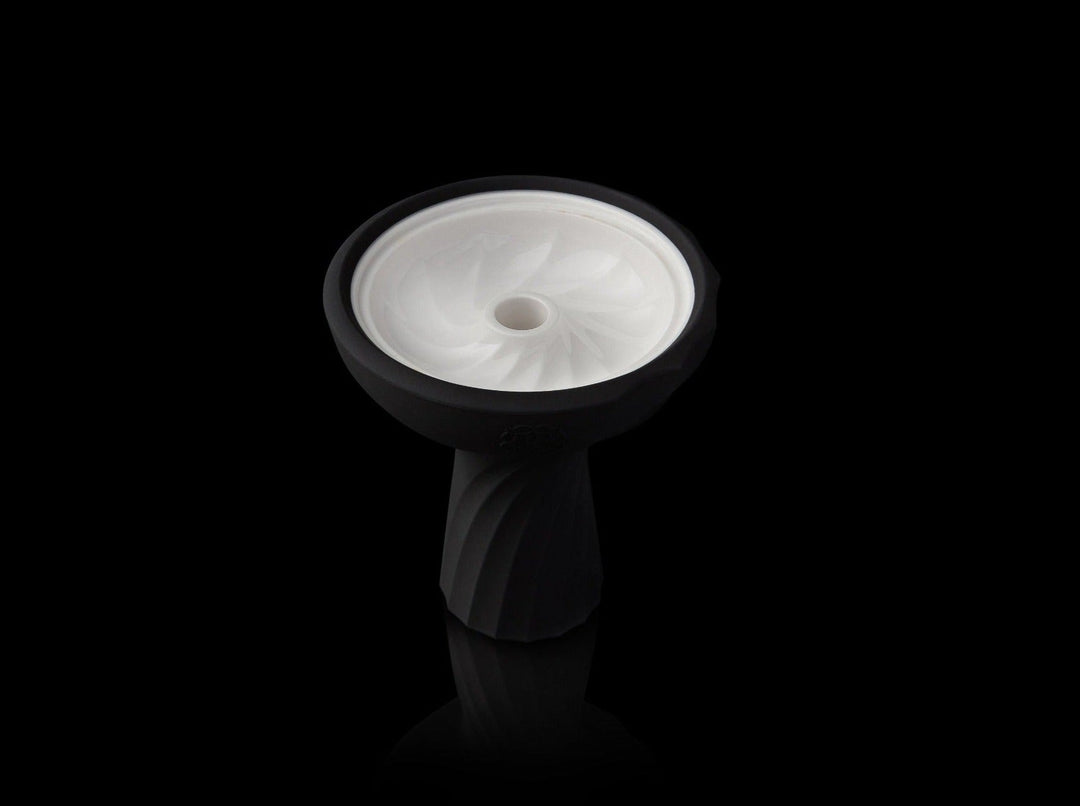Kaloud Samsaris Lapis II shisha bowl, white ceramic core in a matte black silicone shell, on a black background