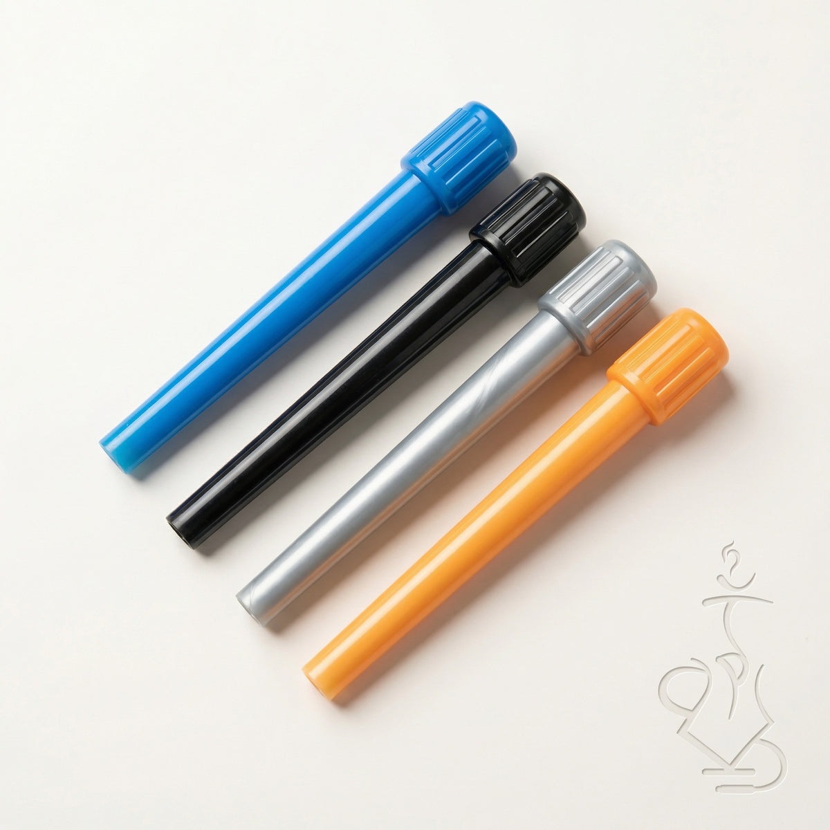 Four markers with blue, black, silver, and orange bodies on a white background, image 14 of 18