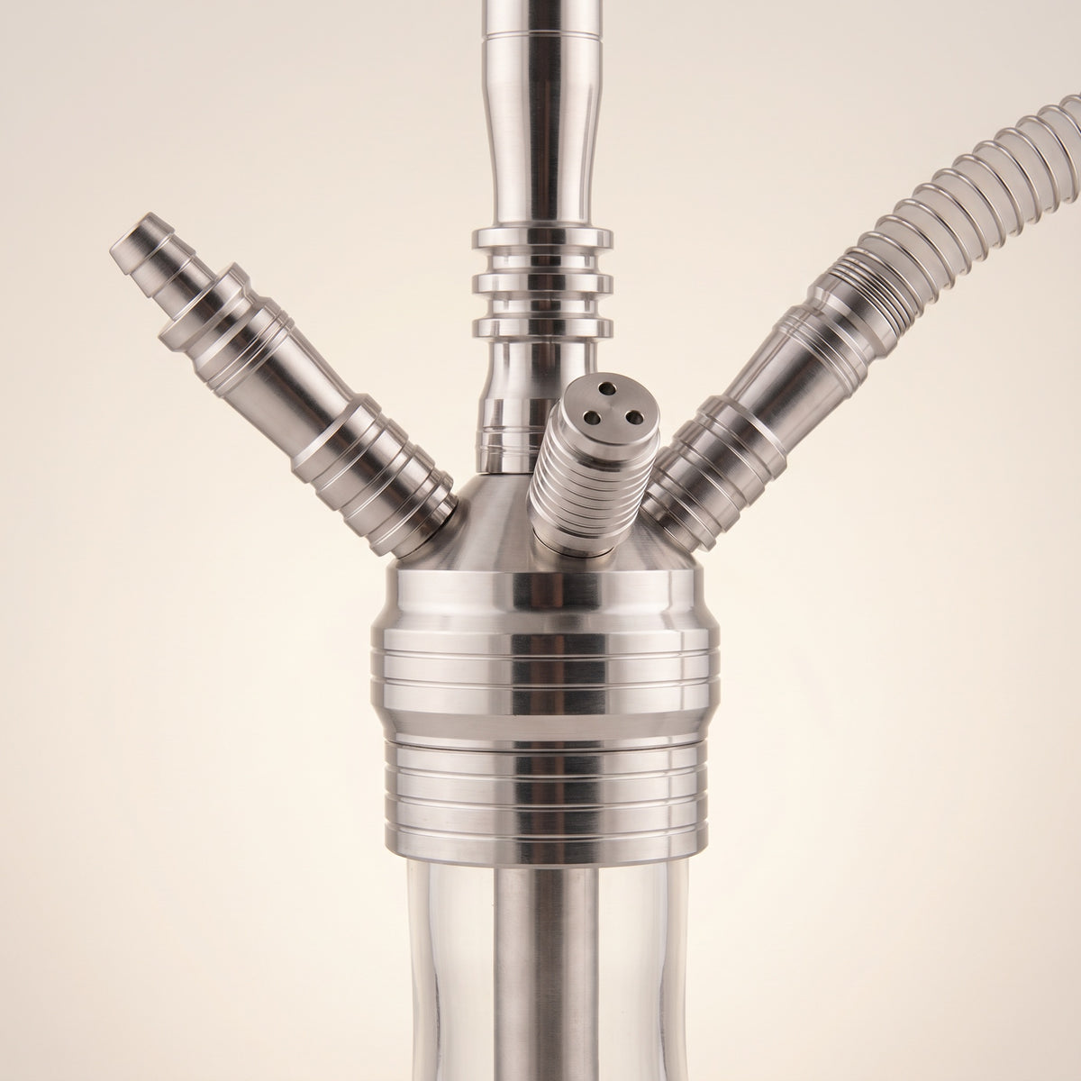 Close-up of ADMY shisha multi-hose hub with two ports, central purge valve, and threaded base coupler, image 3 of 29