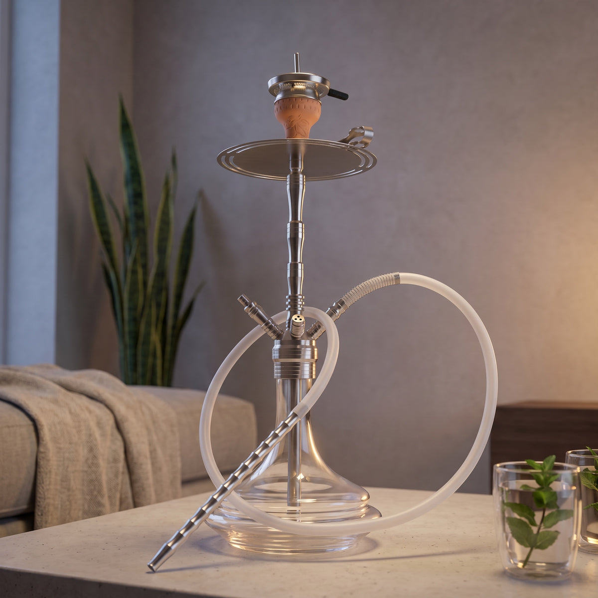 ADMY stainless steel shisha pipe set on a concrete table beside two mint tea glasses in a modern apartment lounge, image 2 of 29