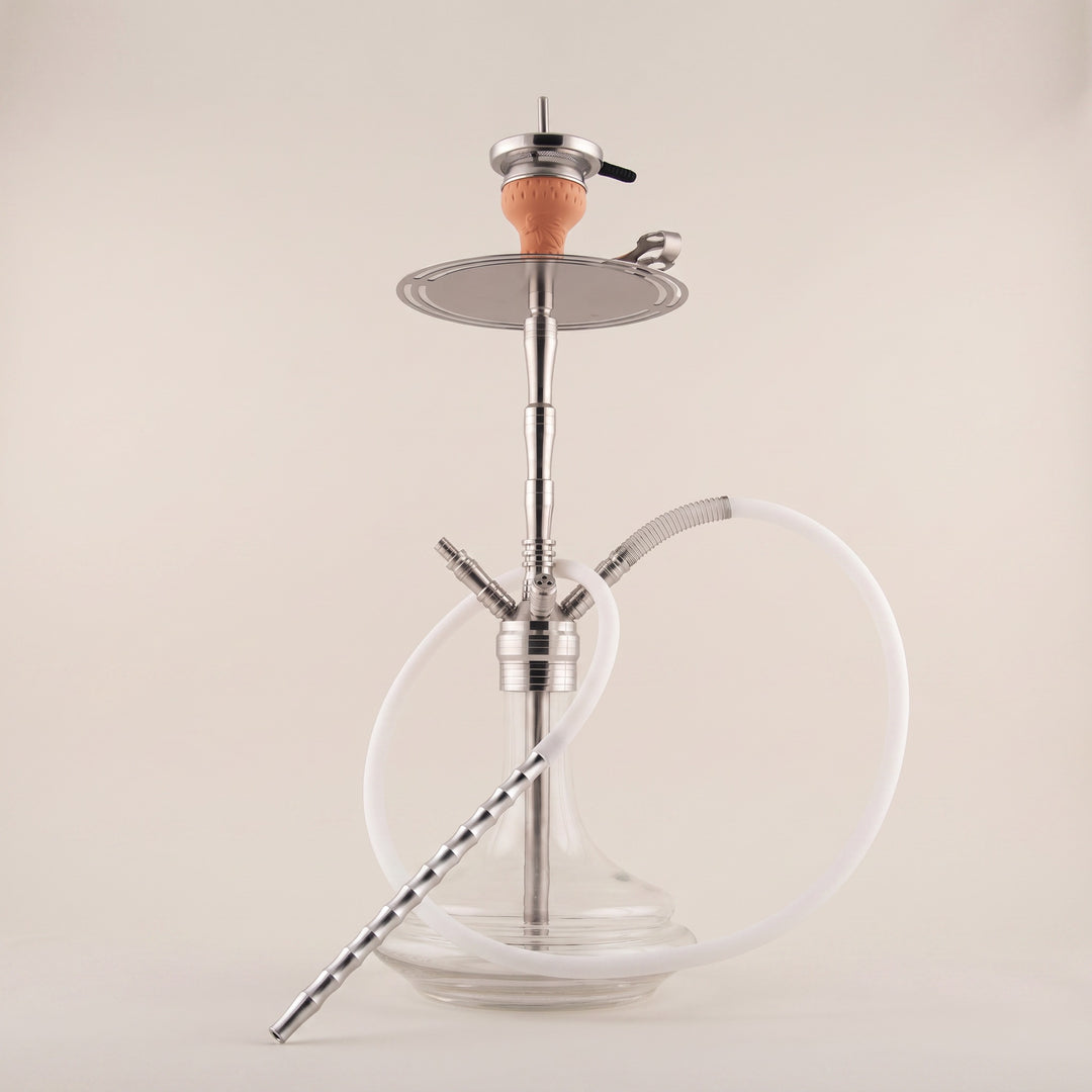 ADMY 74cm stainless steel multi-hose shisha pipe with clay bowl, chimney heat screen, and clear glass base