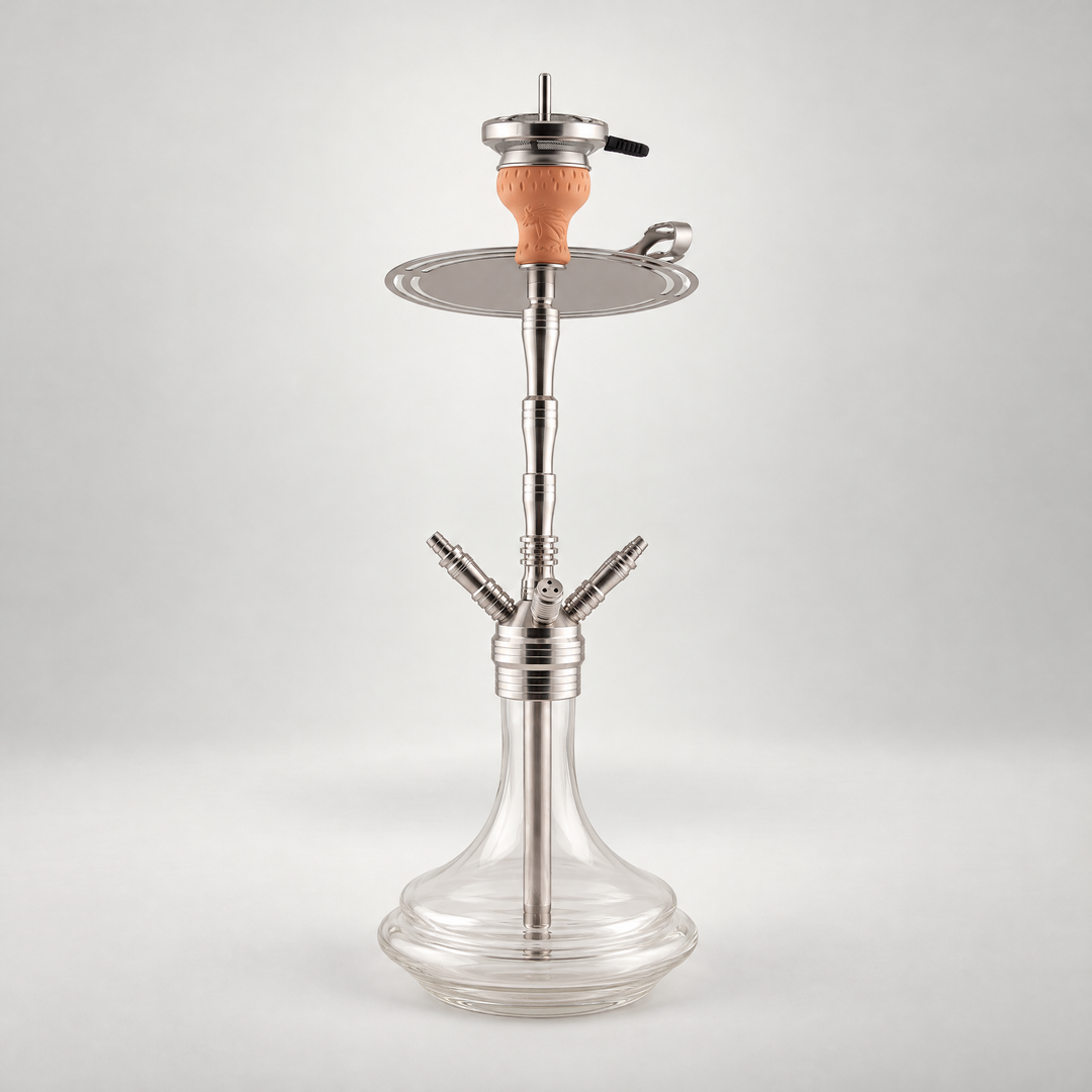 ADMY Stainless Multi-Hose Shisha Pipe 74 cm Model: 355, the whole pipe on a plain light studio background