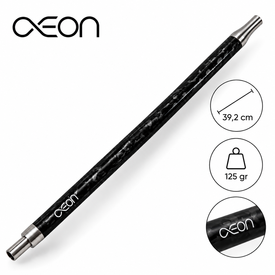 AEON Carbon Mouthpiece in Forged Black shown full length with size and weight callouts on white