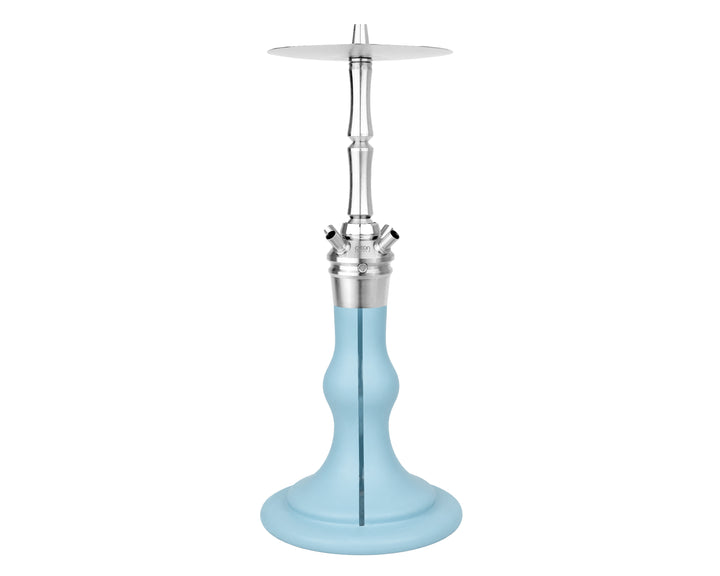 AEON Edition 6 Premium Plus shisha in blue velvet, full front view with stainless steel stem and tray