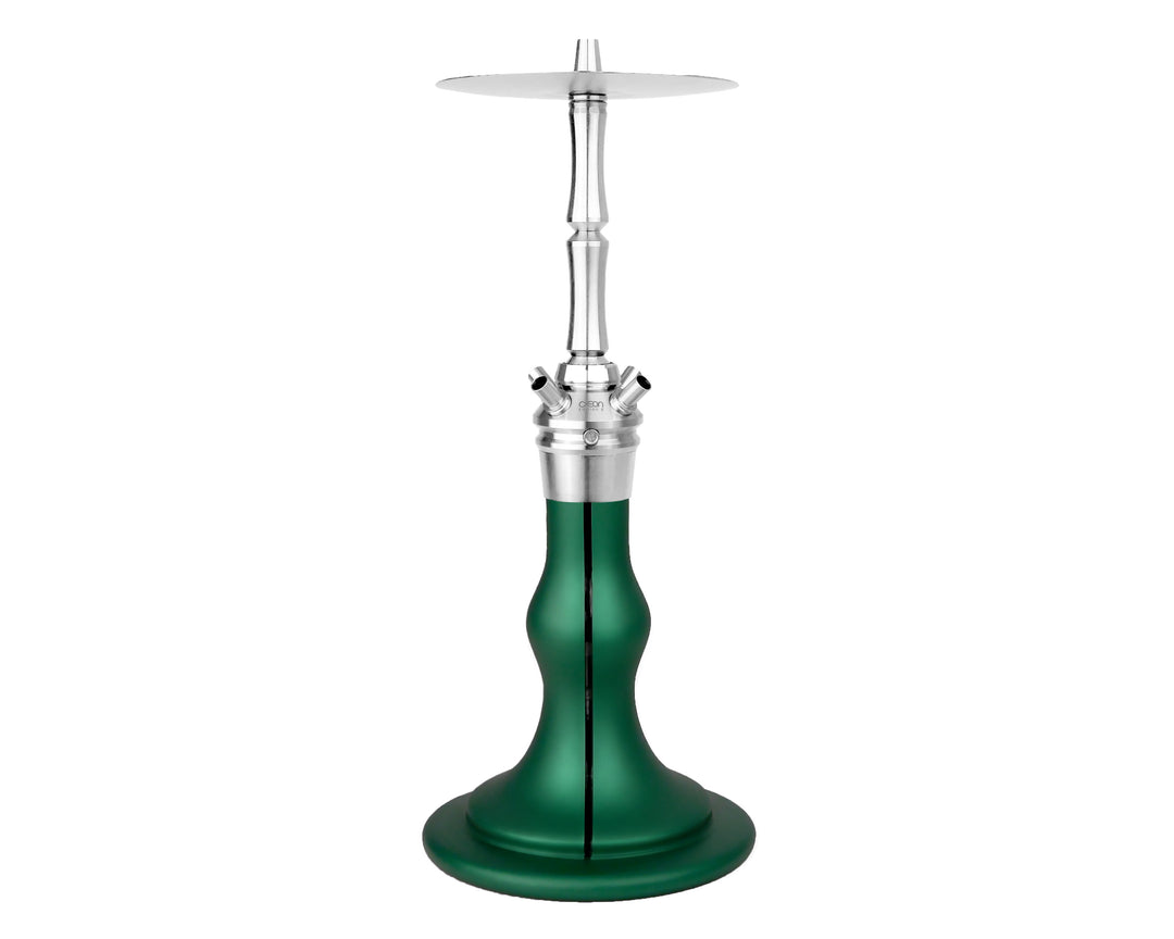 AEON Edition 6 Premium Plus Jade Pearl shisha, full pipe view showing glass base and steel stem