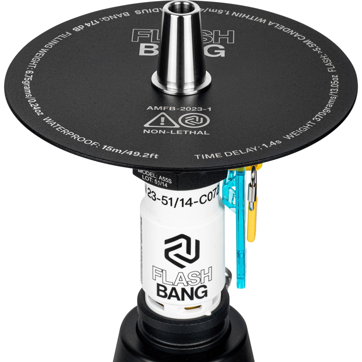 Top view of the Amotion Flash Bang Arctic shisha charcoal plate showing Flash Bang branding and printed spec markings, image 4 of 6