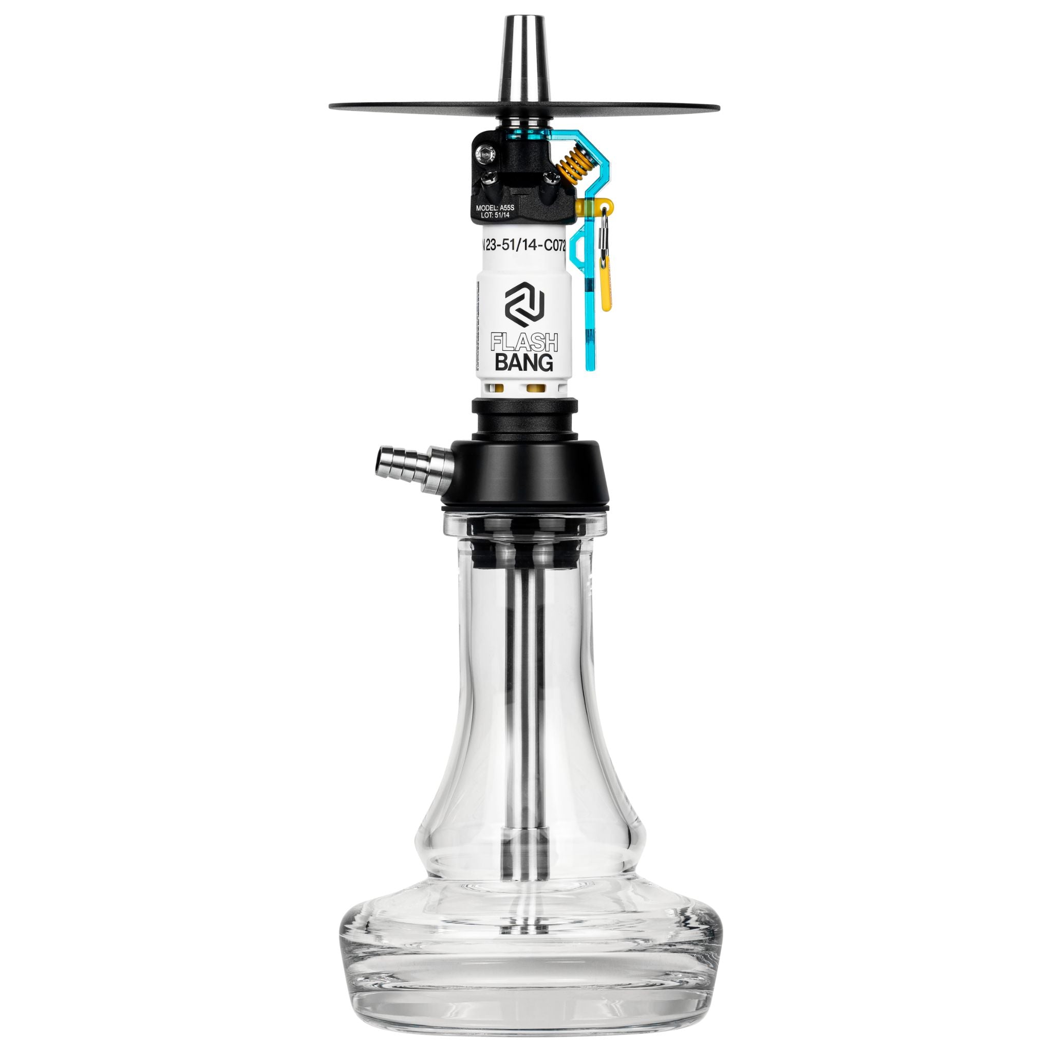 Amotion Flash Bang shisha Arctic front view with white-blue sleeve, clear 45mm plug-in glass base and black charcoal plate