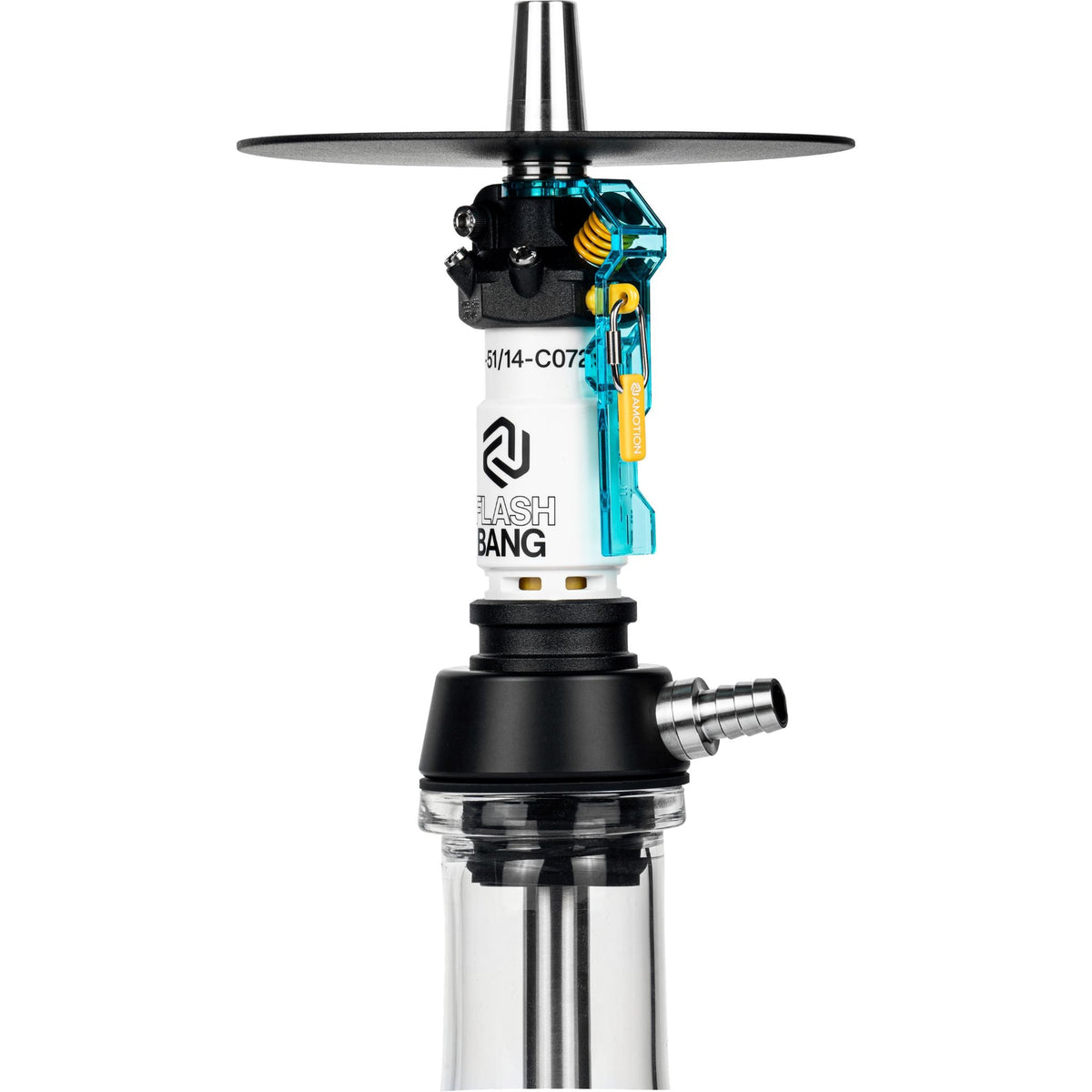 Side detail of the Amotion Flash Bang Arctic shisha central column with Flash Bang logo and stainless steel hose connection, image 6 of 6