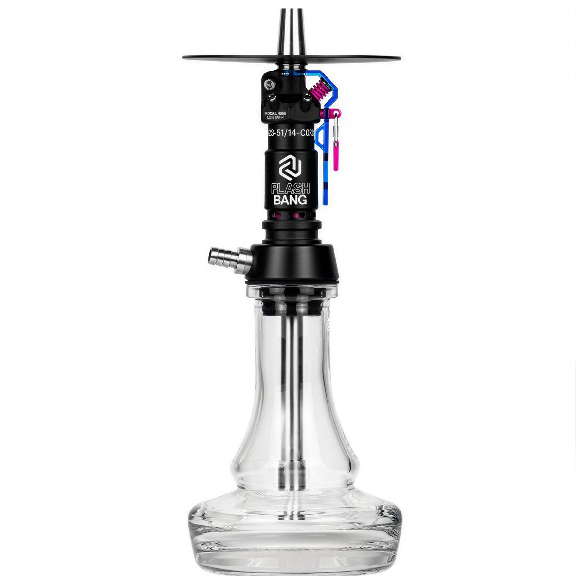 Amotion Flash Bang Azure shisha front view — black sleeve with vivid blue translucent safety lever and clear plug-in glass base, image 2 of 5