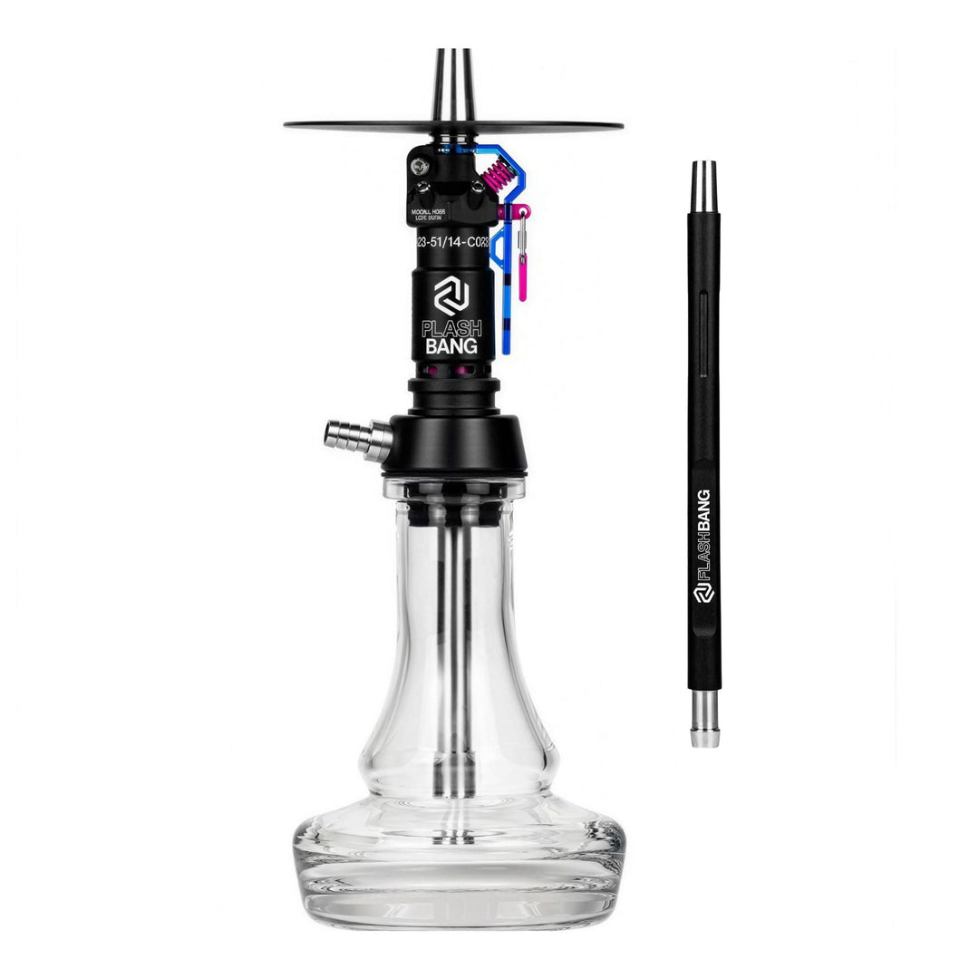 Amotion Flash Bang Azure shisha with included mouthpiece, electric-blue safety lever lock and plug-in glass base