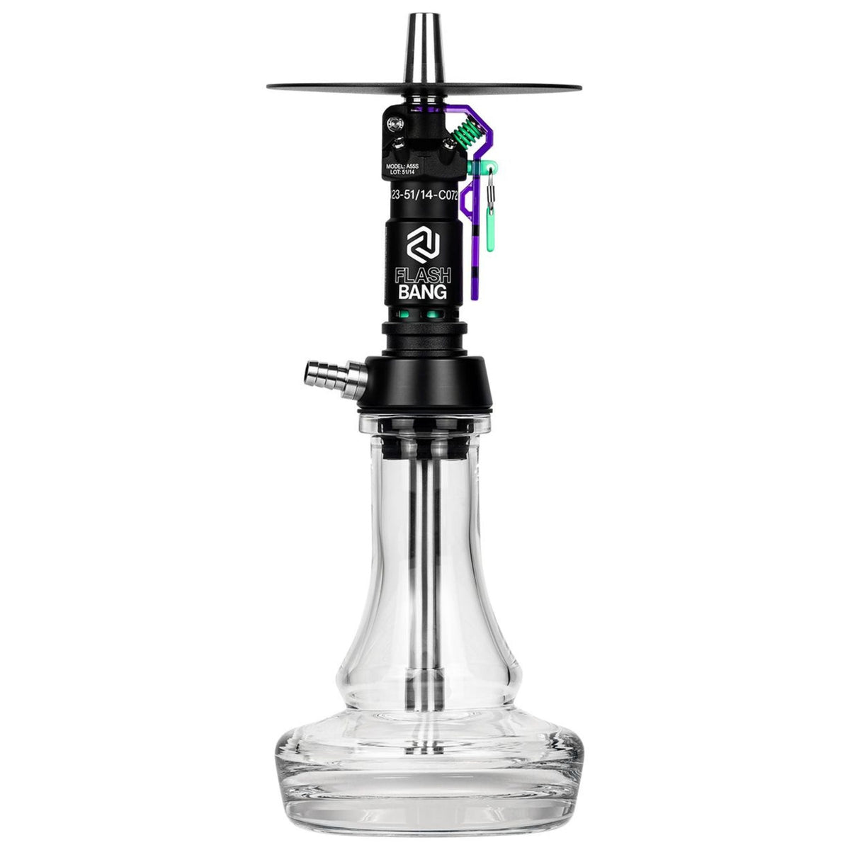 Amotion Flash Bang Grape shisha front view — black sleeve with purple translucent safety lever and clear plug-in glass base, image 2 of 5