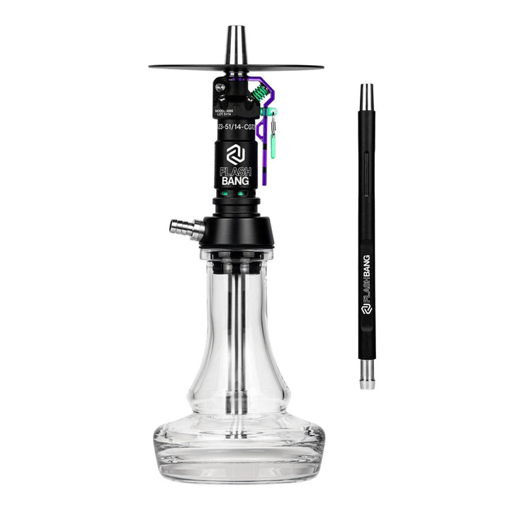 Amotion Flash Bang Grape shisha with included mouthpiece, wine-dark purple safety lever lock and plug-in glass base, from The Premium Way