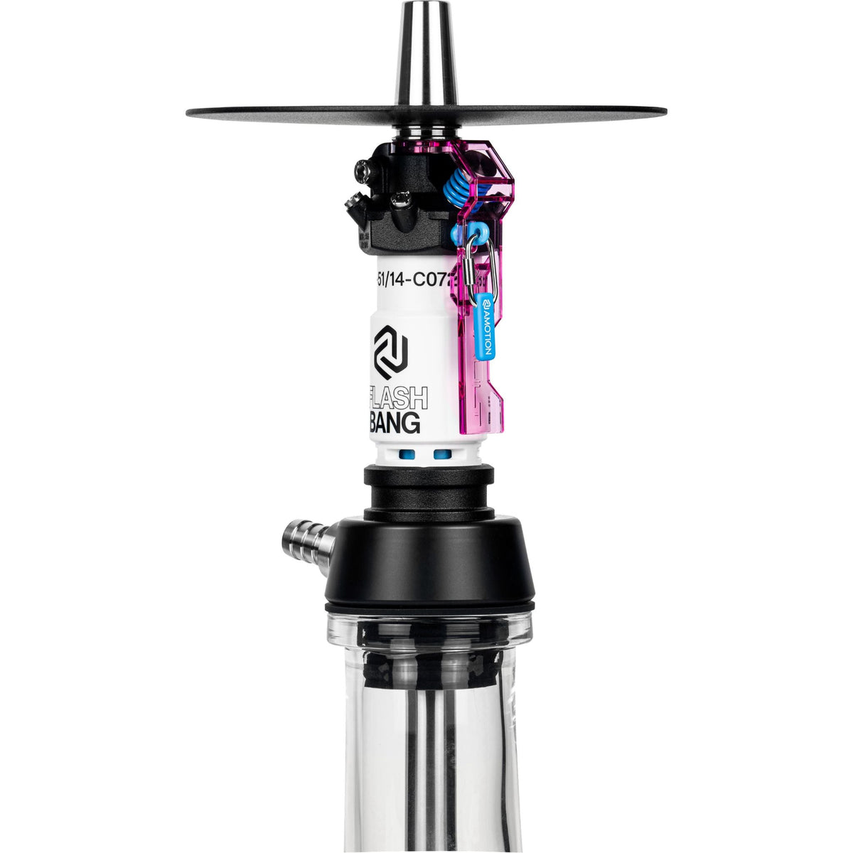 Amotion Flash Bang Orchid shisha column close-up showing grenade-style How To Use instructions and stainless steel hose port, image 5 of 6