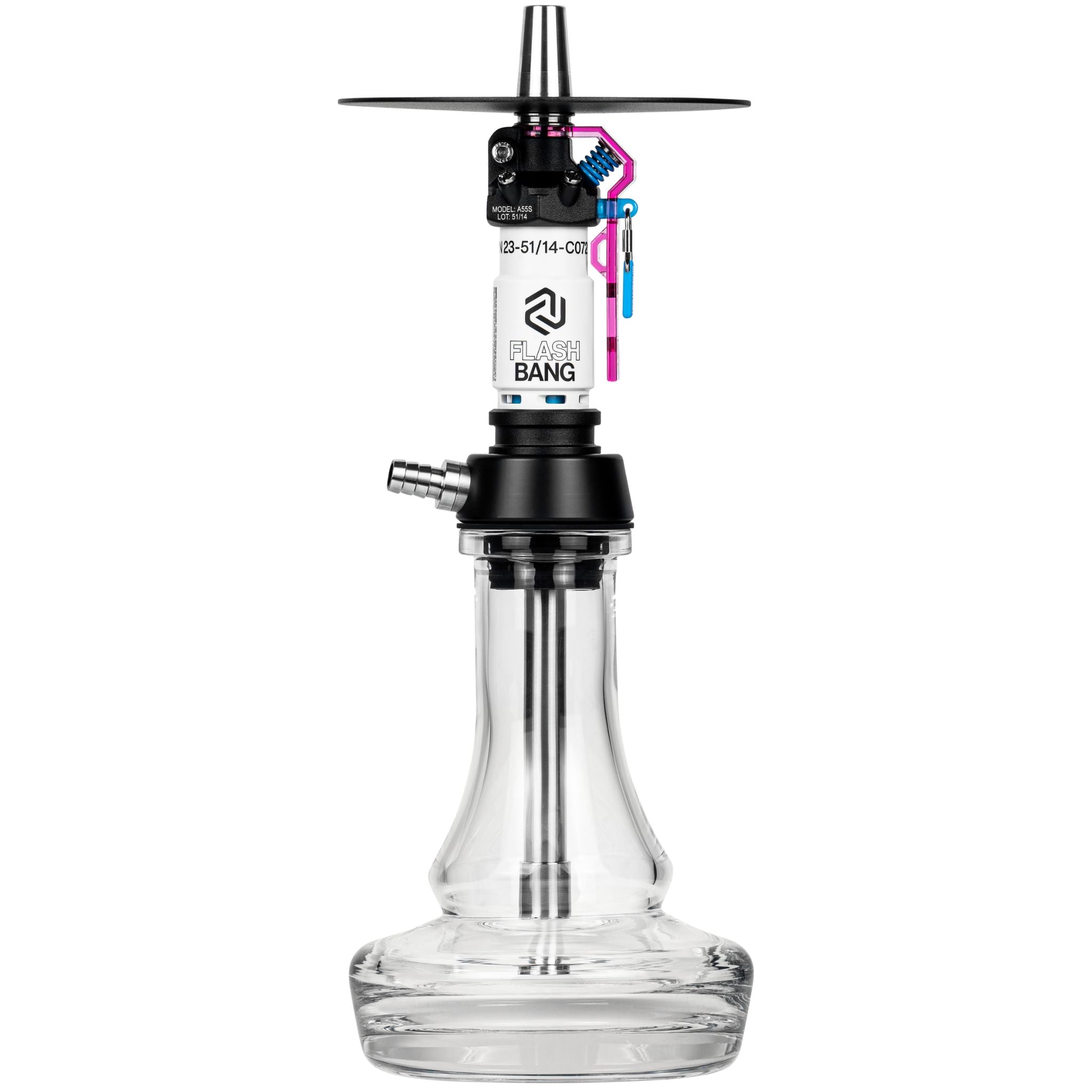 Amotion Flash Bang Orchid shisha front view with pink-purple safety lever, white sleeve and clear 45mm plug-in glass base