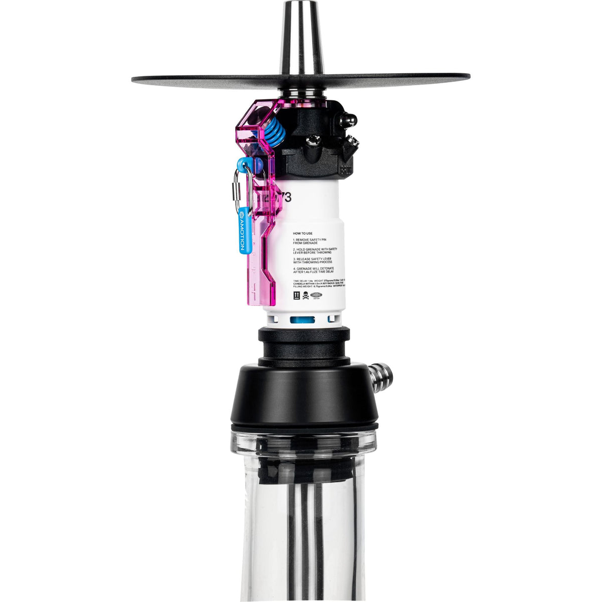 Side detail of Amotion Flash Bang Orchid shisha central column with Flash Bang logo and stainless steel hose connection, image 6 of 6