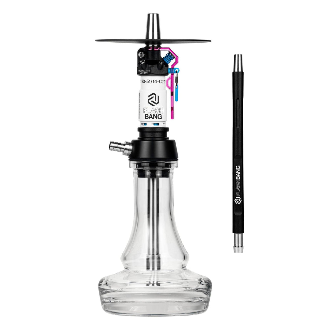 Amotion Flash Bang Orchid shisha in vivid pink-purple with clear glass base, black charcoal plate and matching Flash Bang mouthpiece